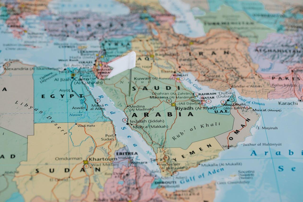 Close-up of a detailed map showing parts of the Middle East, highlighting Egypt, Saudi Arabia, and surrounding countries.