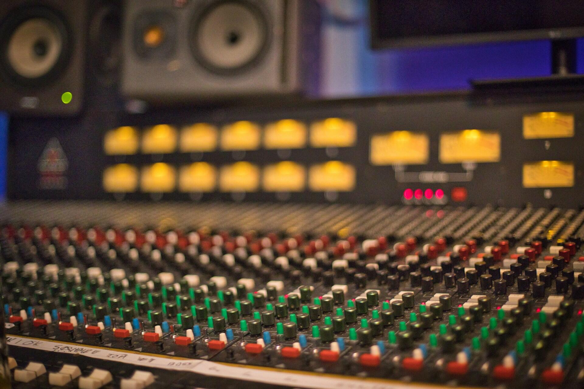 A mixing console in a recording studio.