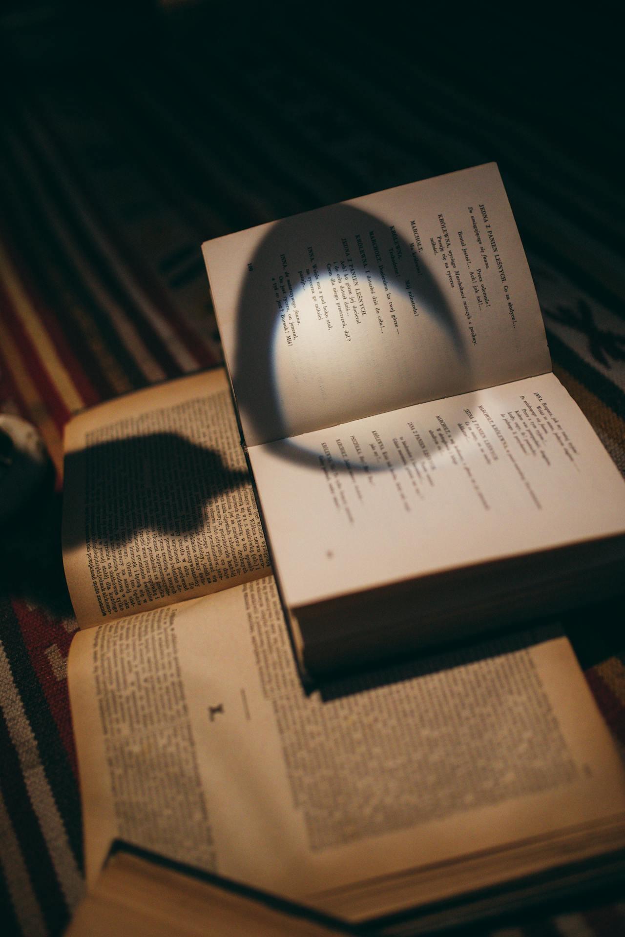 A partially open book casts a shadow on another book, with soft lighting highlighting their textures and pages against a patterned background.