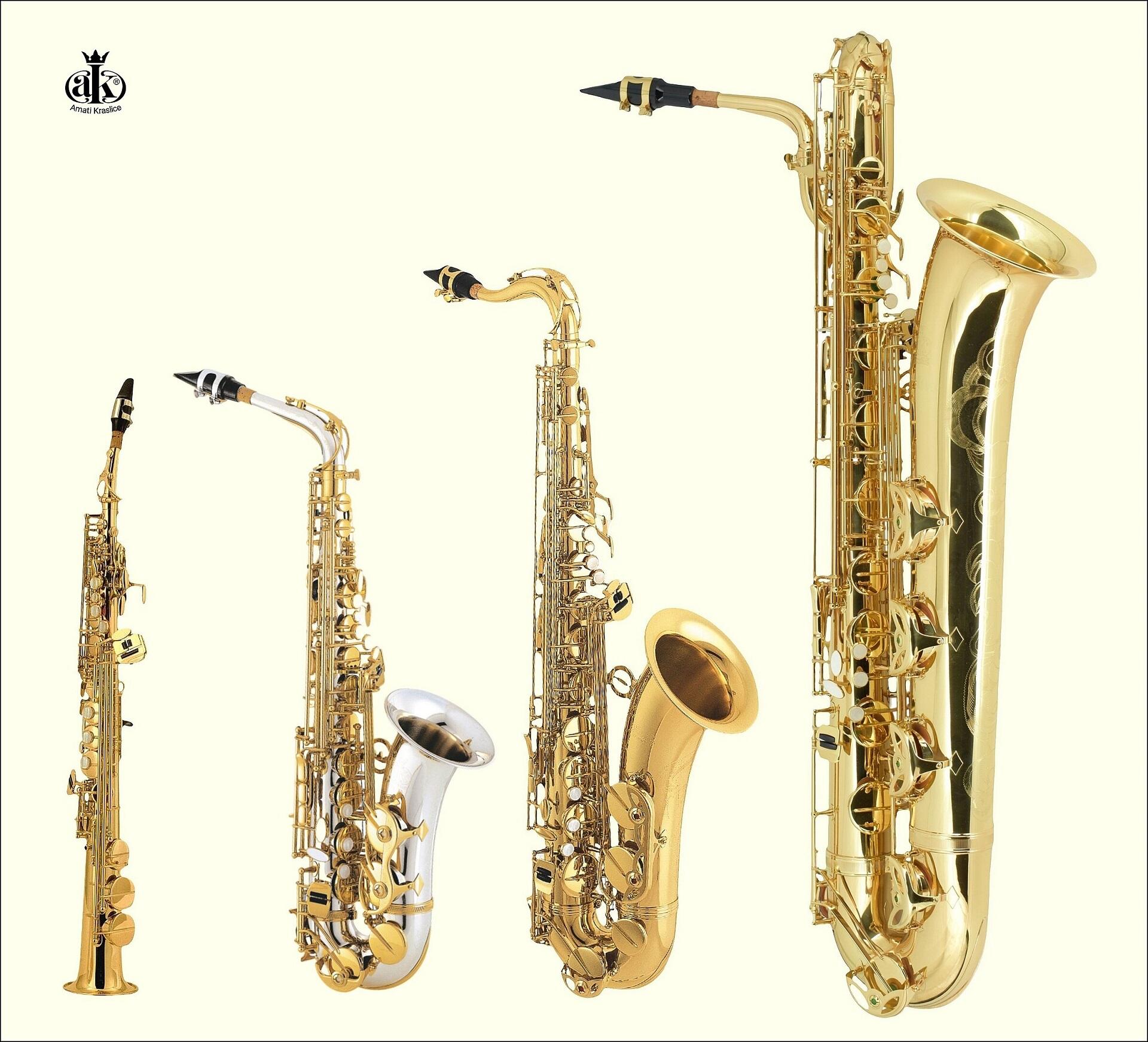 Four saxophones from small to large.