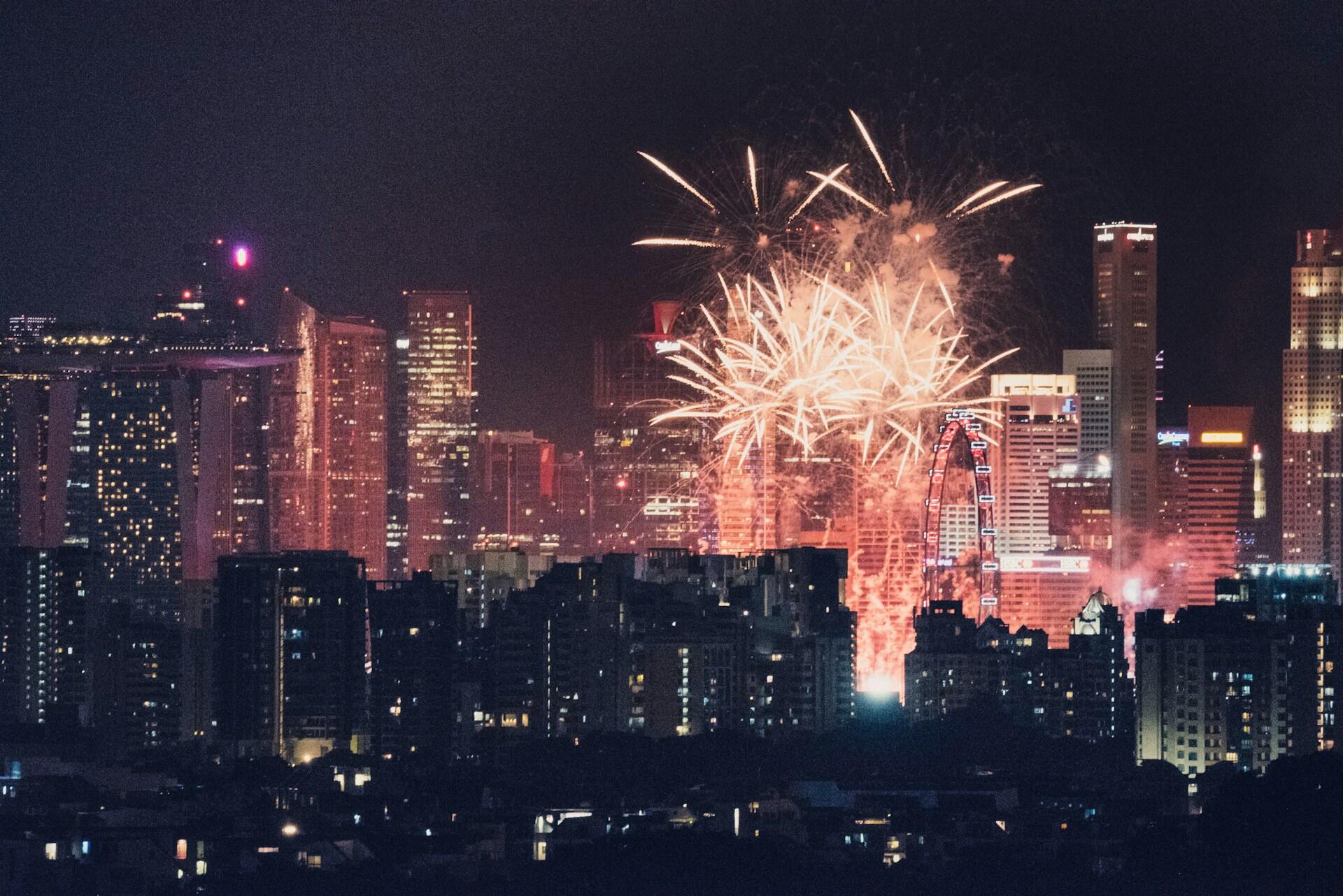 New Years fireworks over the city skyline.