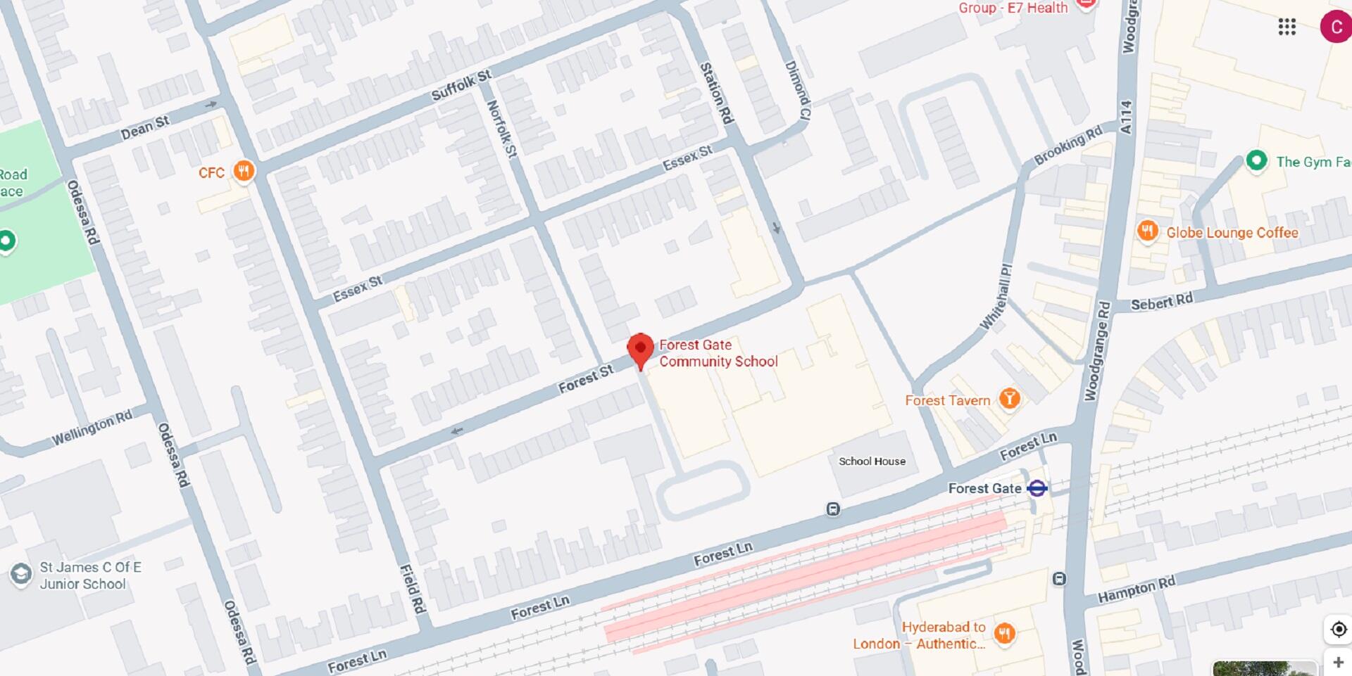 A city map showing a location with a red pin.