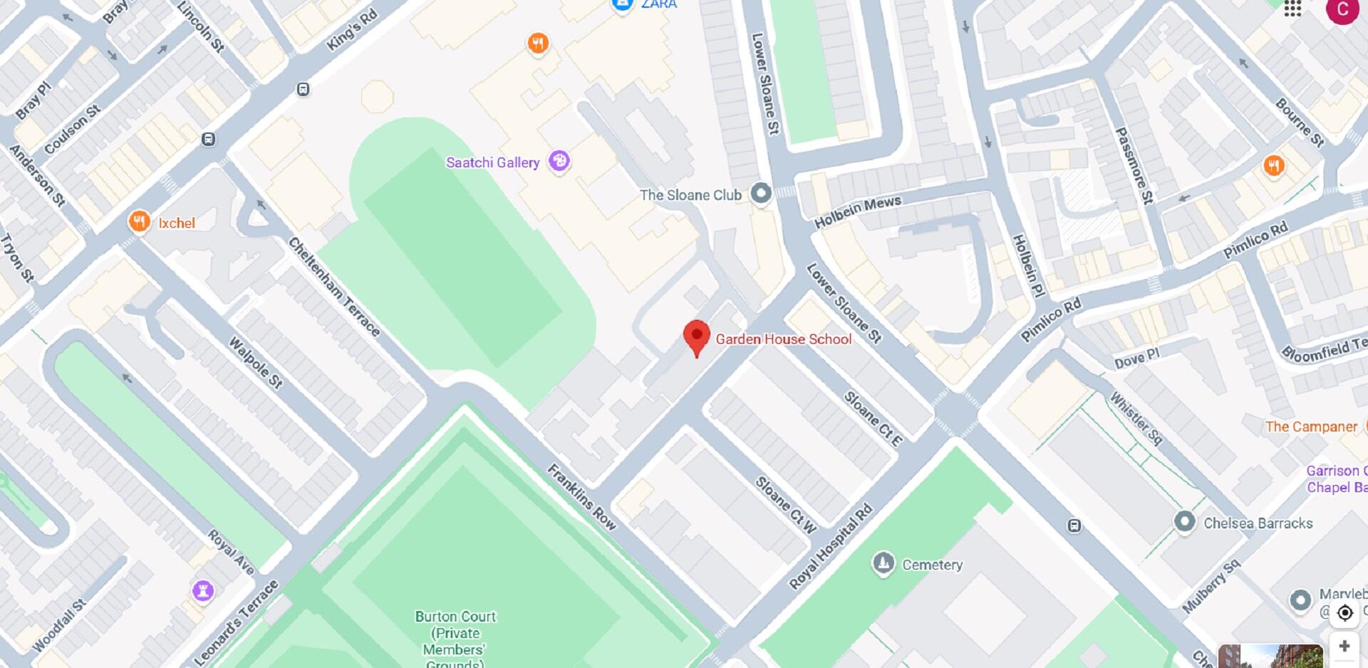 The London-area map showing a location with a red pin.