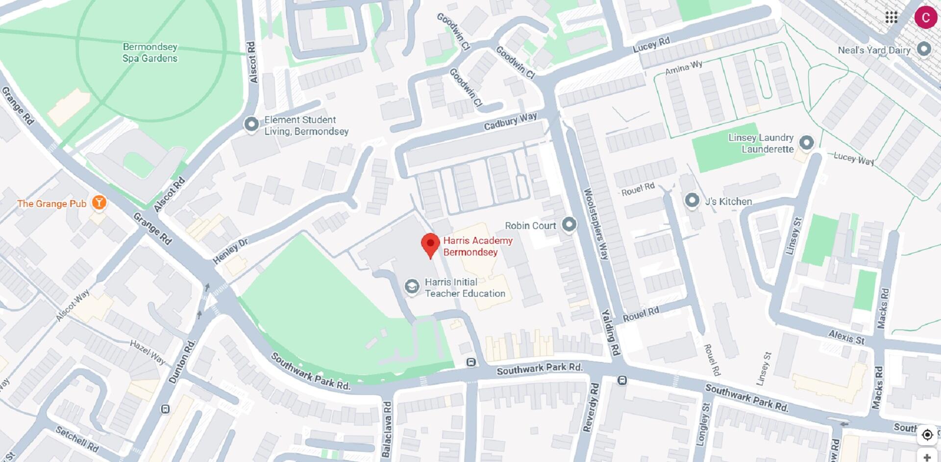 A map with a red pin showing a location in the city.