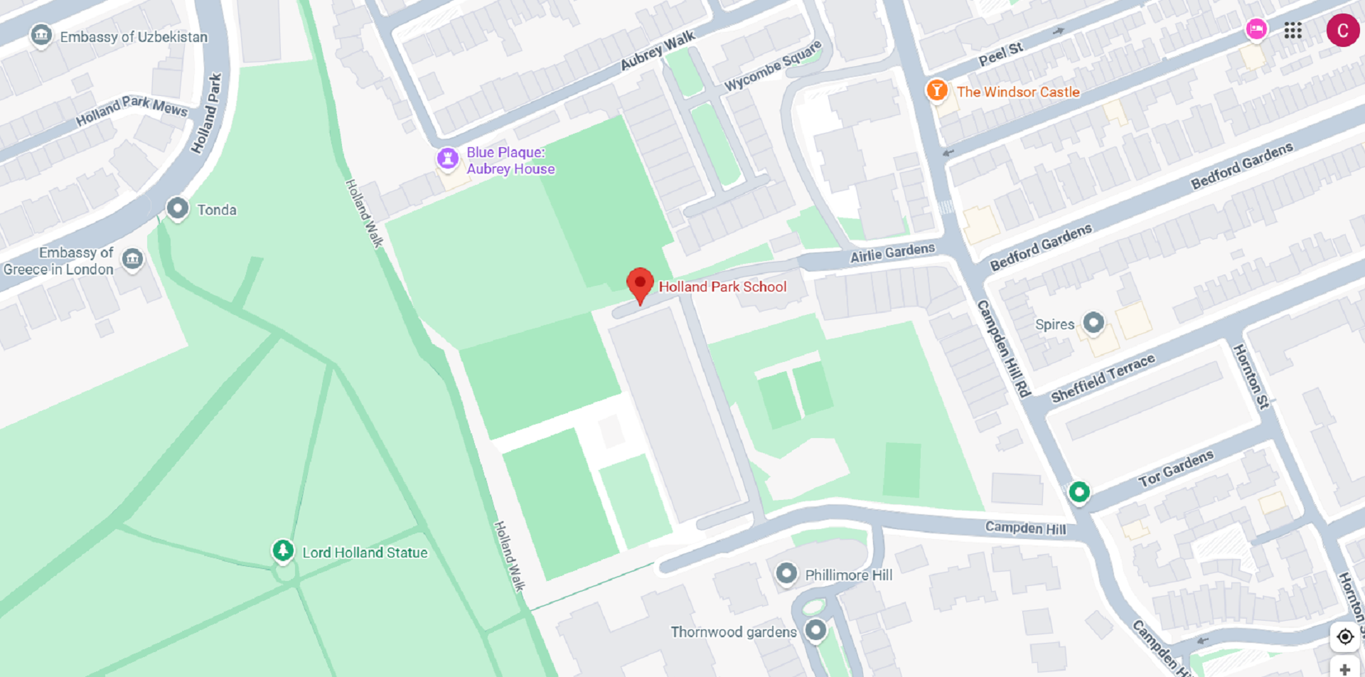 A map showing a location marked in red.