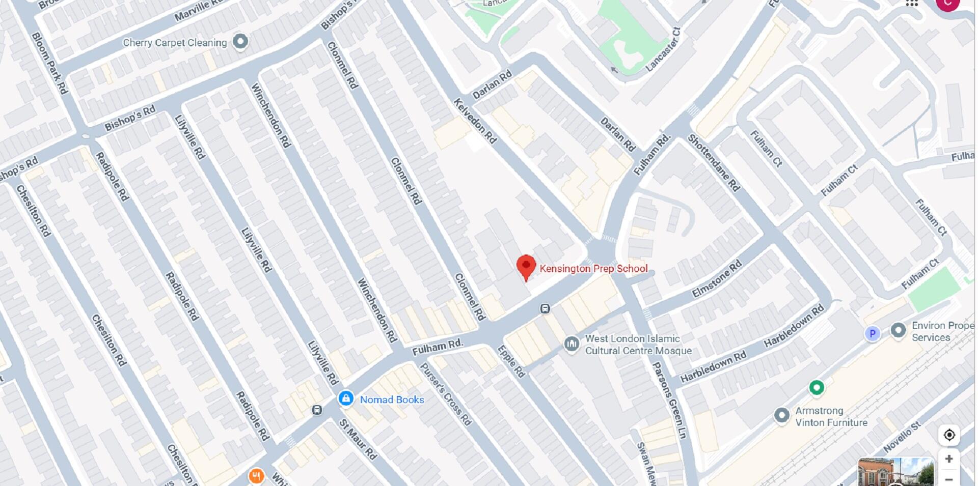 A city map with a red pin in the middle to show a location.