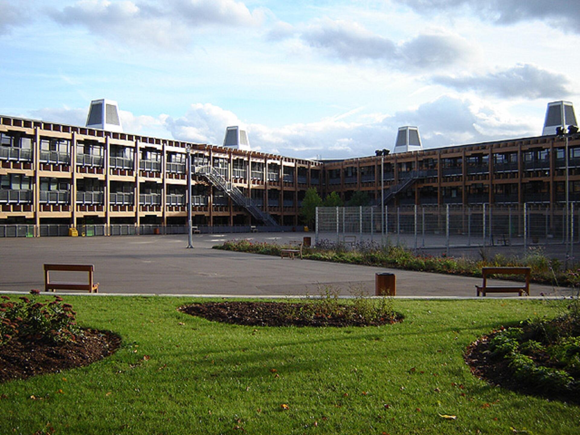 A school courtyard on a sunny day.