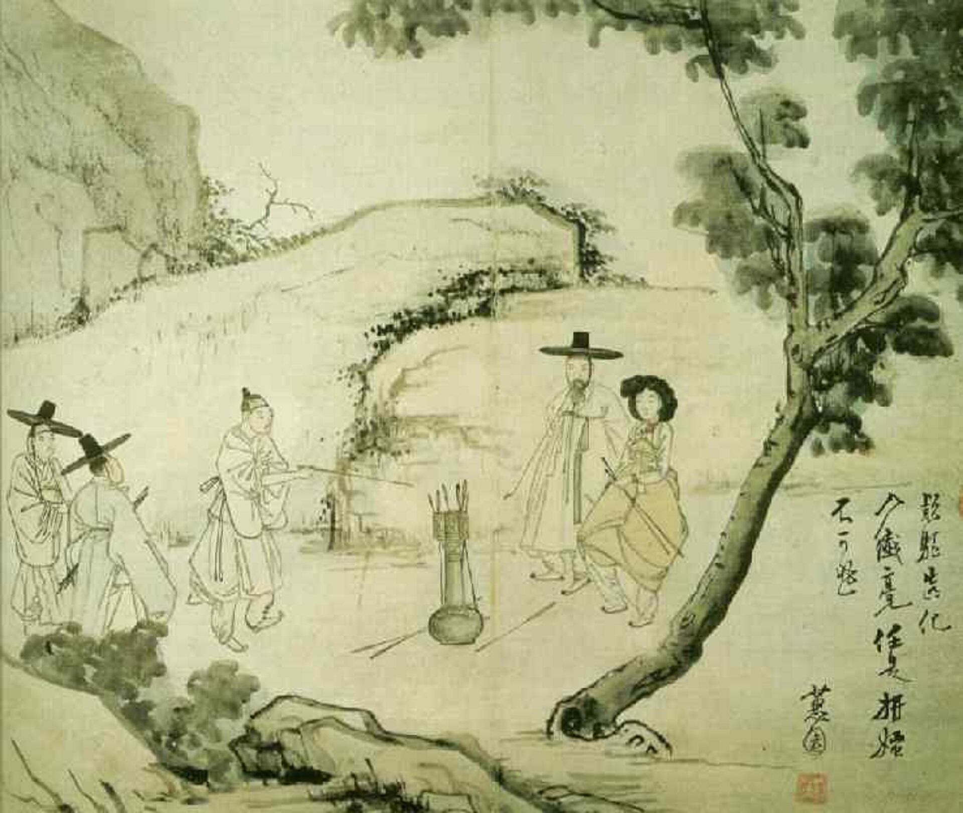 Korean ink painting depicts scholars in traditional attire practicing archery by a tree.