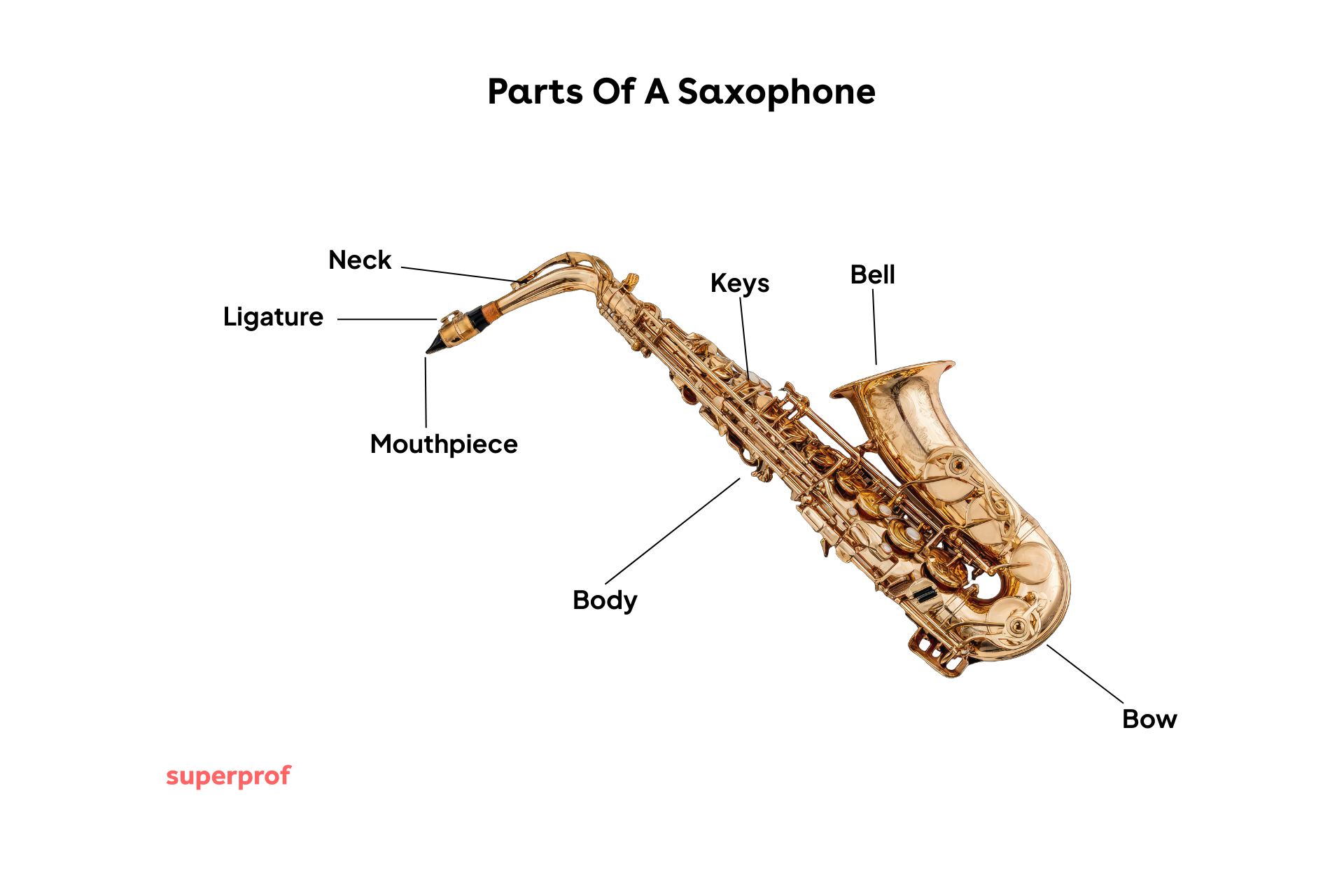 labelled diagram of the different parts of a saxophon