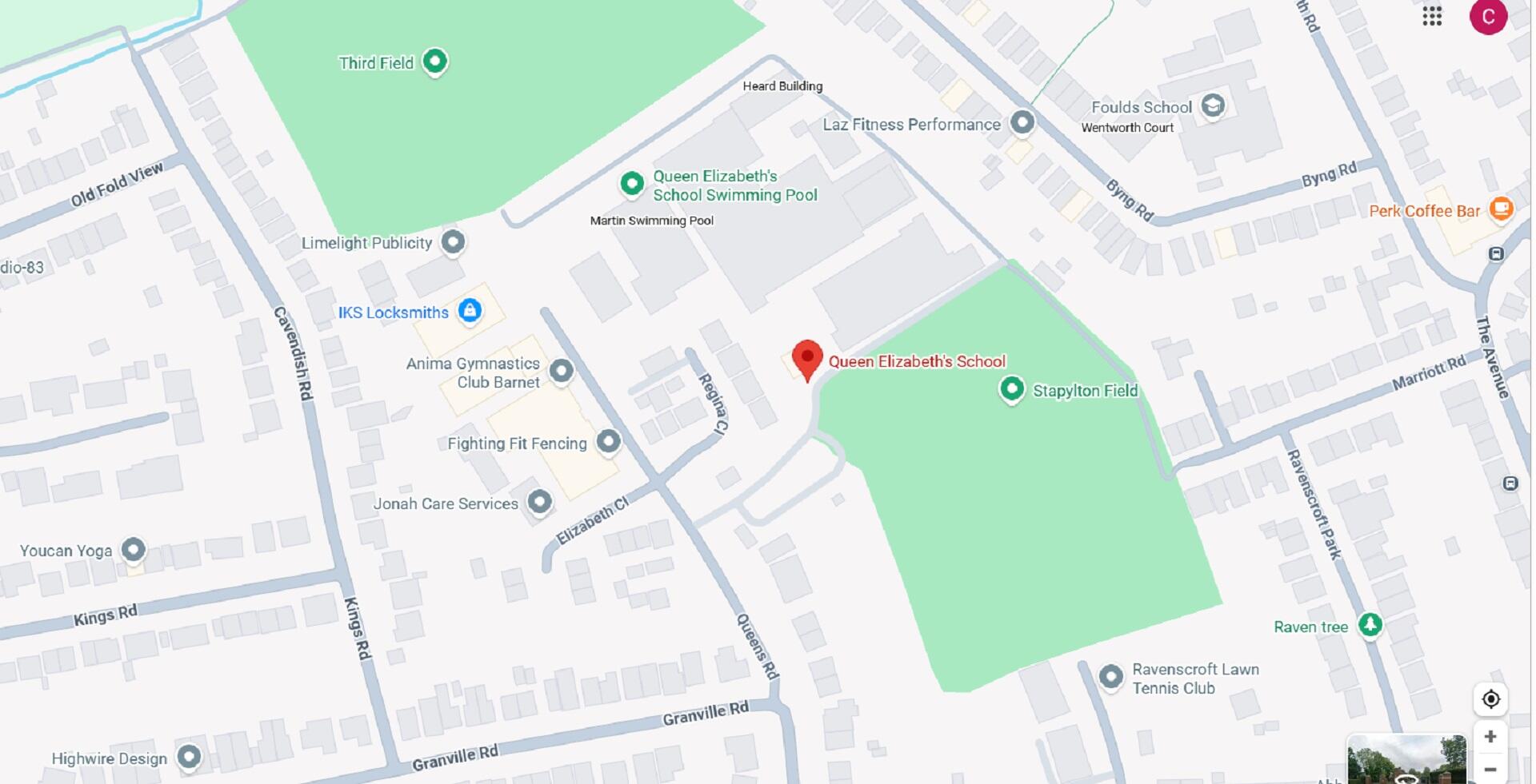 A map showing green spaces and a red location marker.