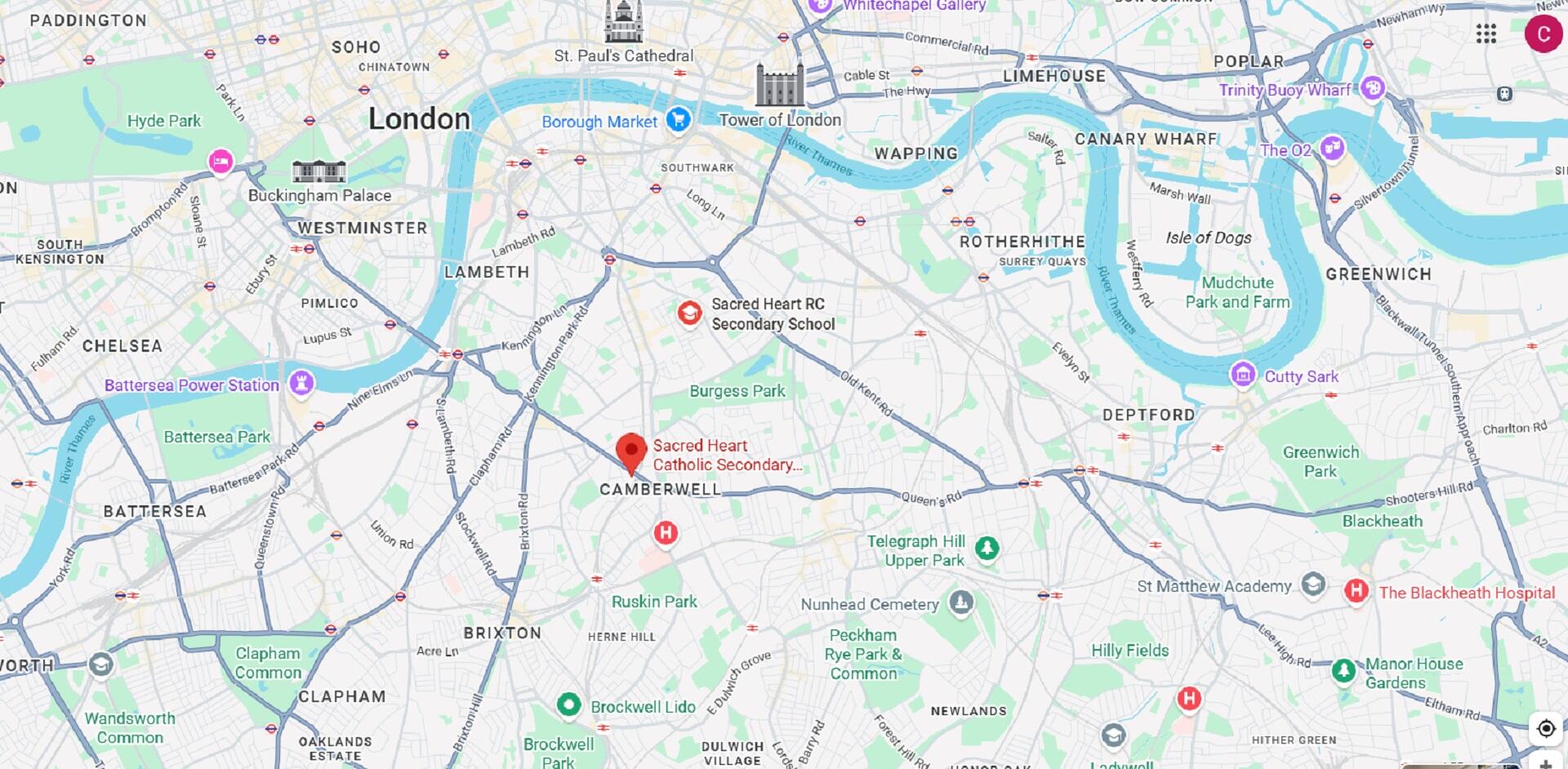 A London map showing a location with a red pin.