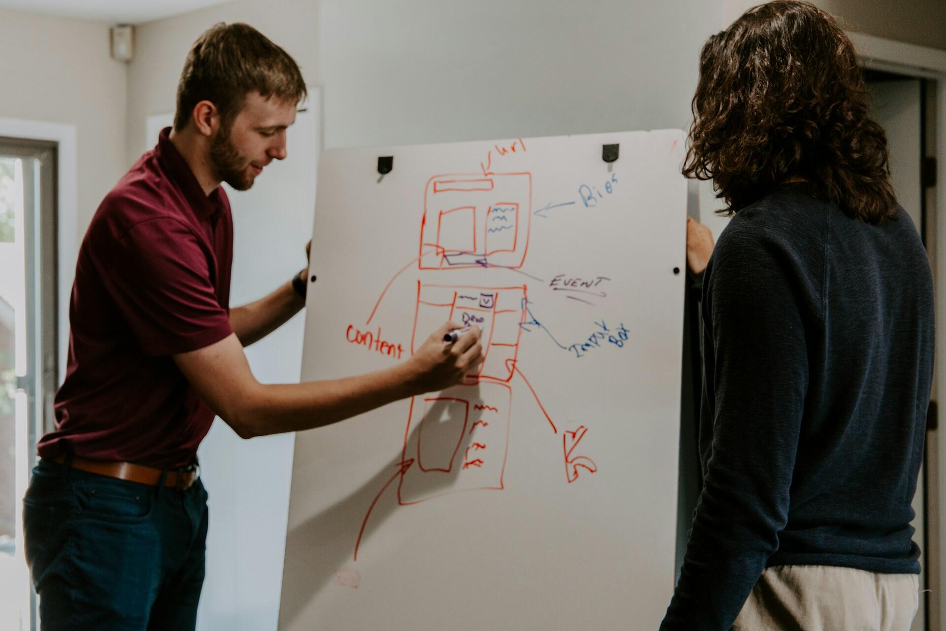 A tutor pointing at a whiteboard.