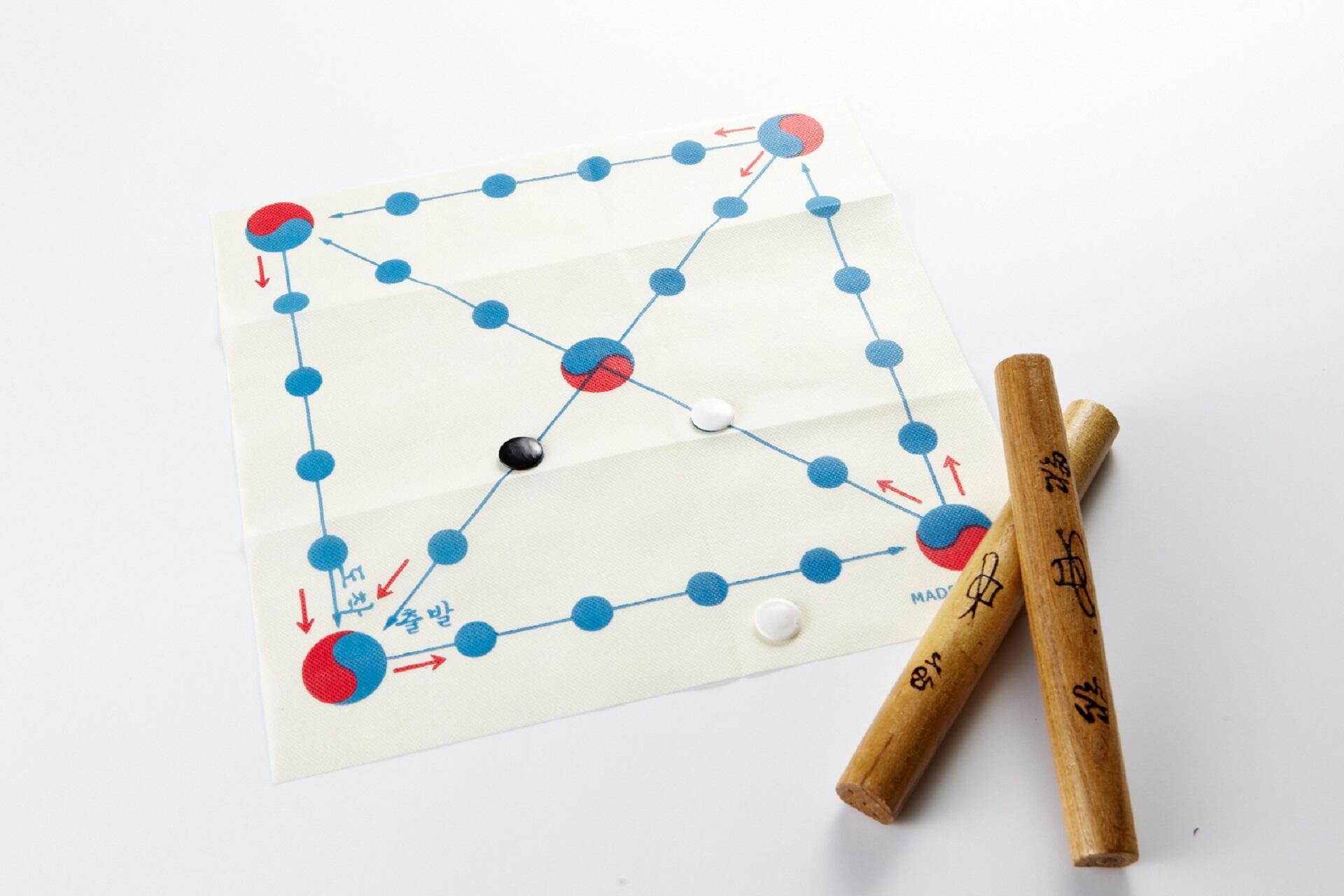 A yutnori game board with two yut sticks.