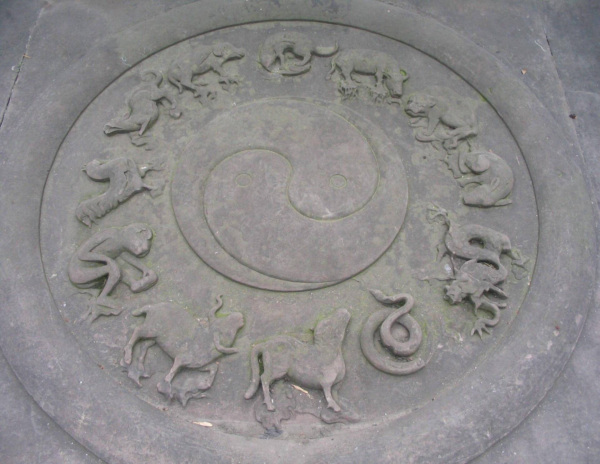 Zodiac animals engraved in stone in a circle.