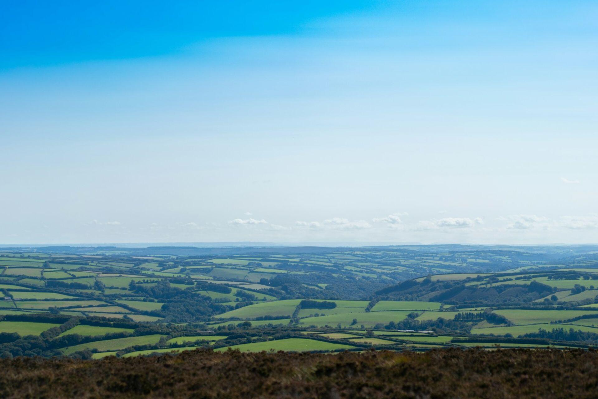 Aerial view of a serene, patchwork countryside with rolling green fields and hedgerows under a clear blue sky, evoking a sense of calm and openness.