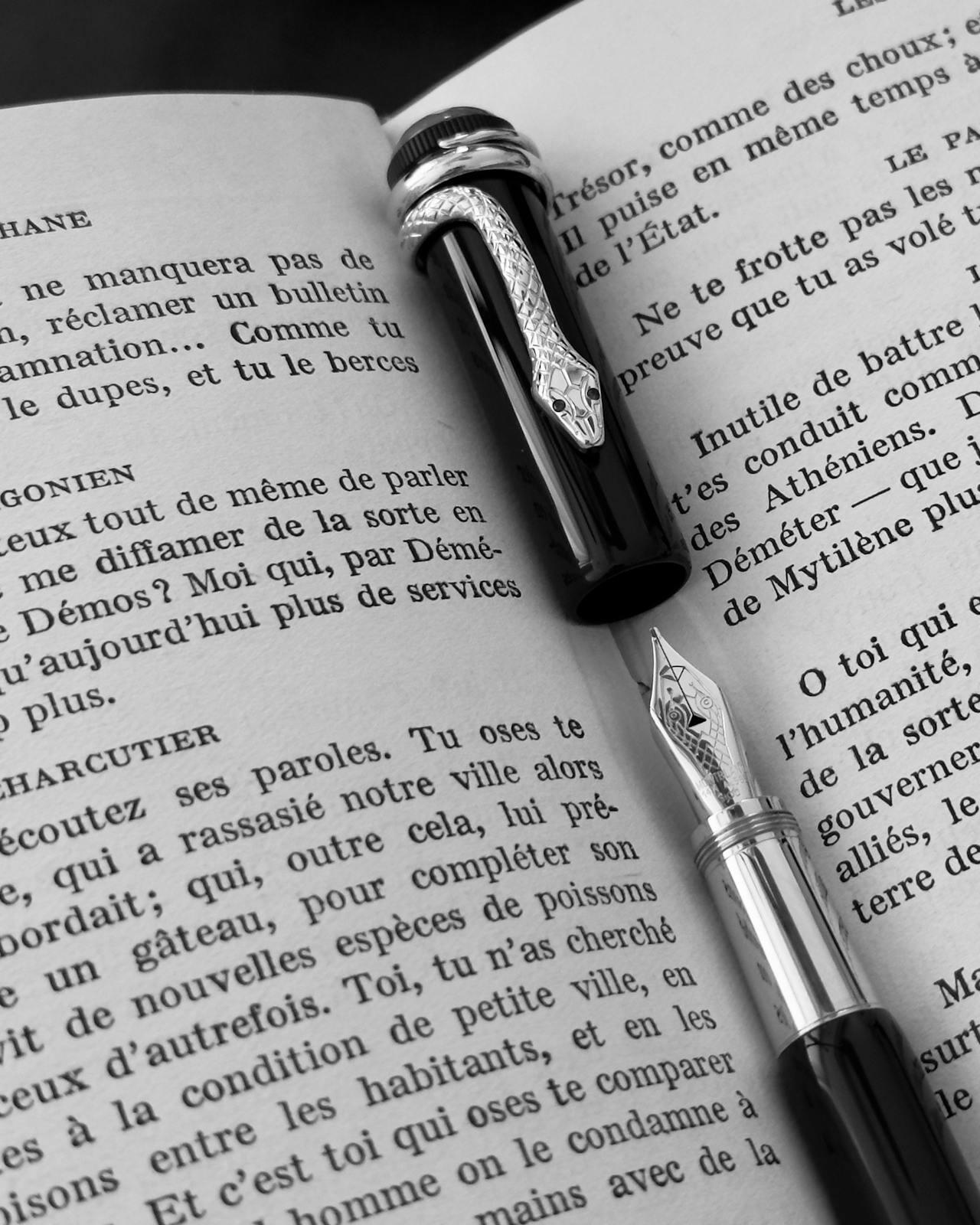A close-up of a black pen with a snake design, resting on an open book filled with French text, showcasing elegant writing tools.