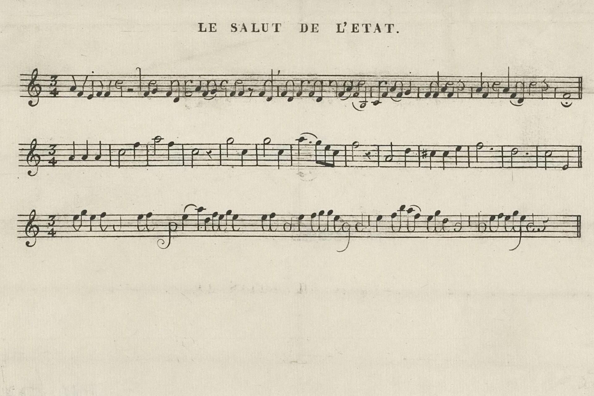 Printed historical sheet music with treble clef and handwritten-style notation.