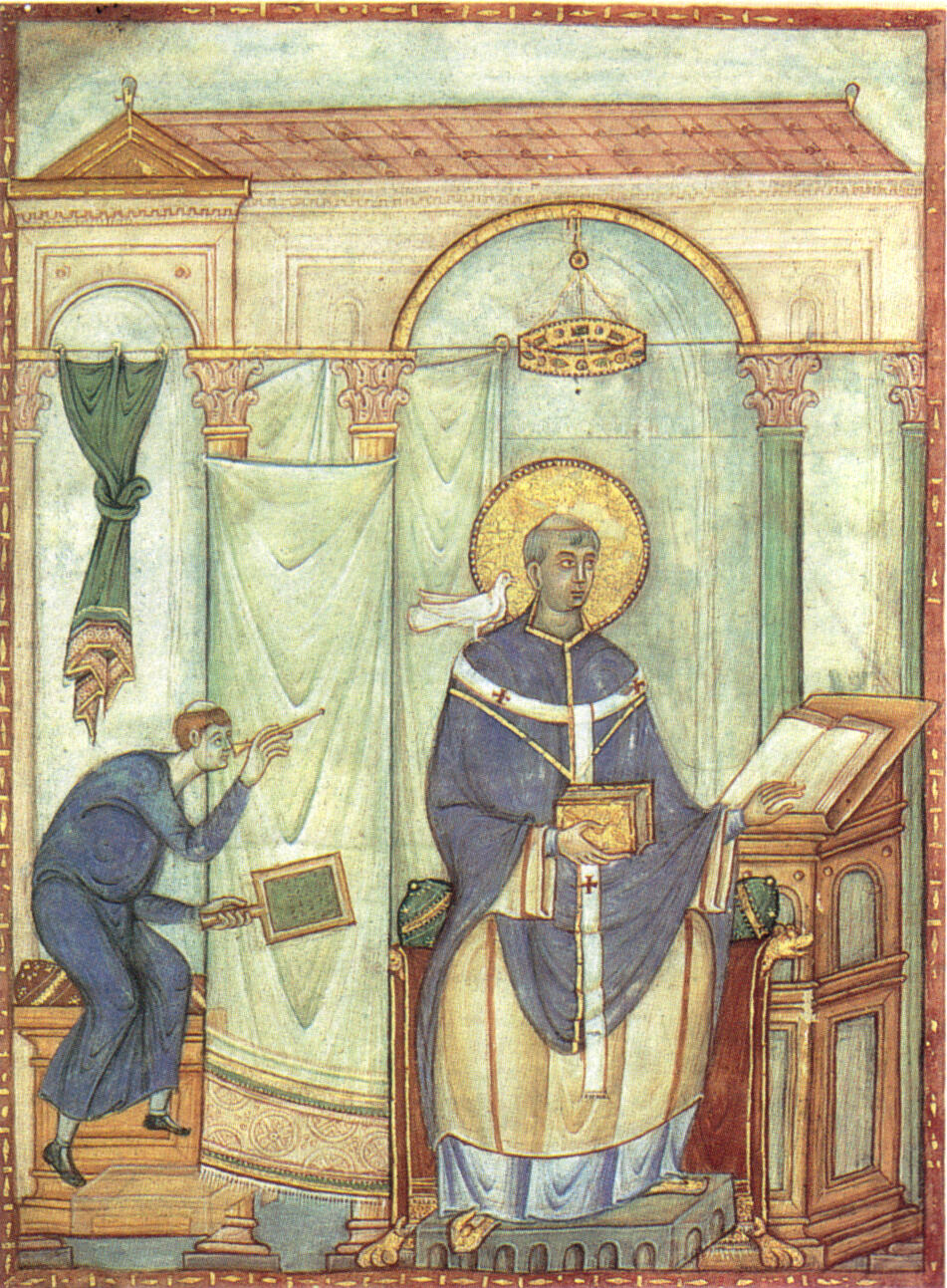 Illumination of Pope Gregory receiving the Gregorian Chant repertoire from a dove.