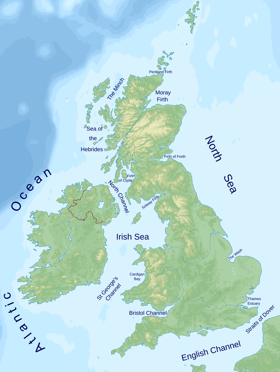 Map of the British Isles, featuring topography, major waterways, and surrounding seas including the North Sea and Irish Sea.