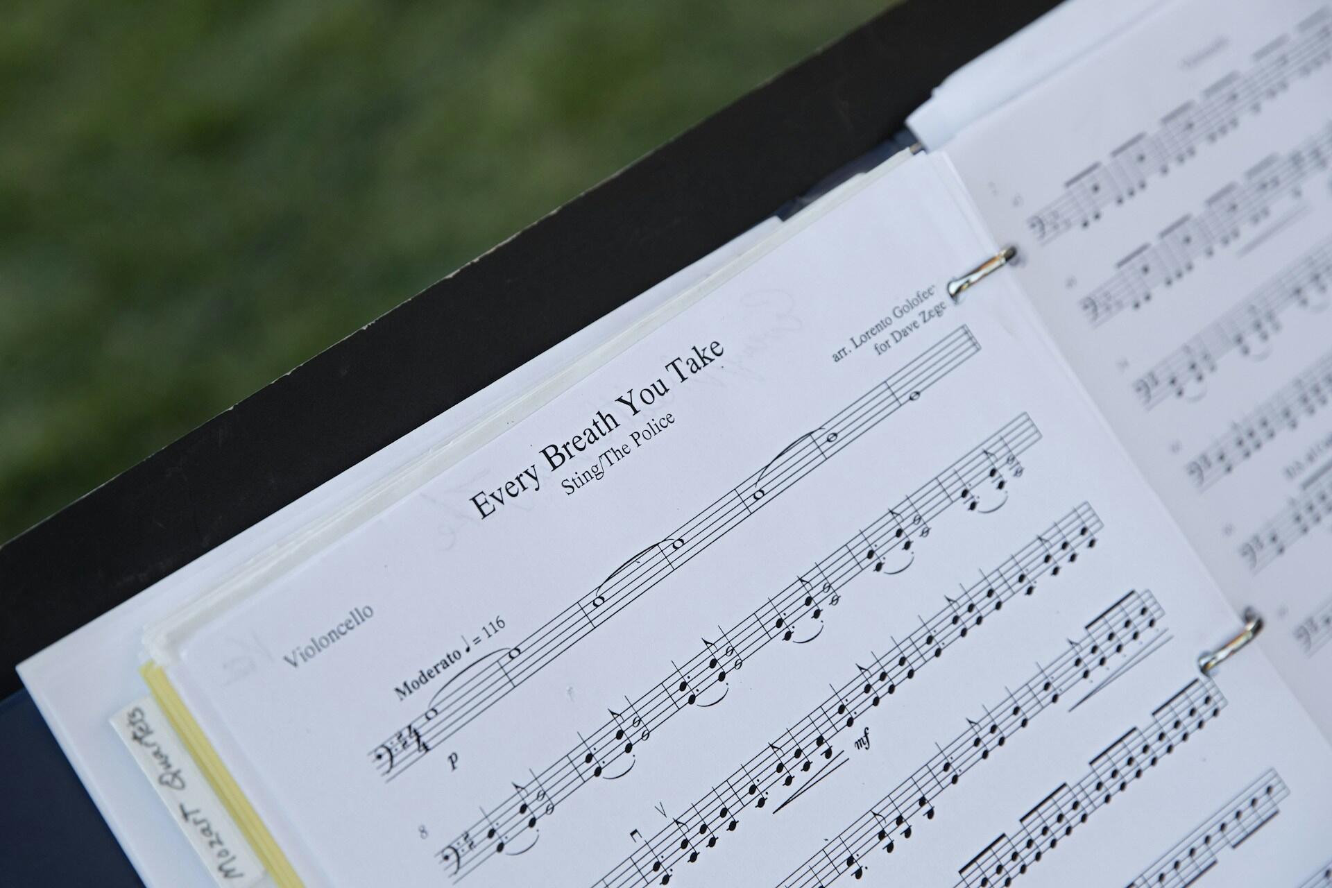Open sheet music clipped to a music stand with notes clearly visible.