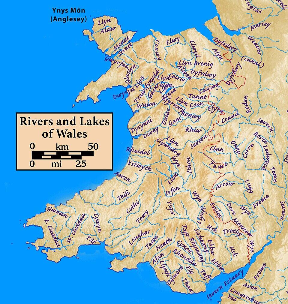 Map of Wales highlighting major rivers and lakes, with features labeled in English and Welsh. Includes a scale for distance measurements.