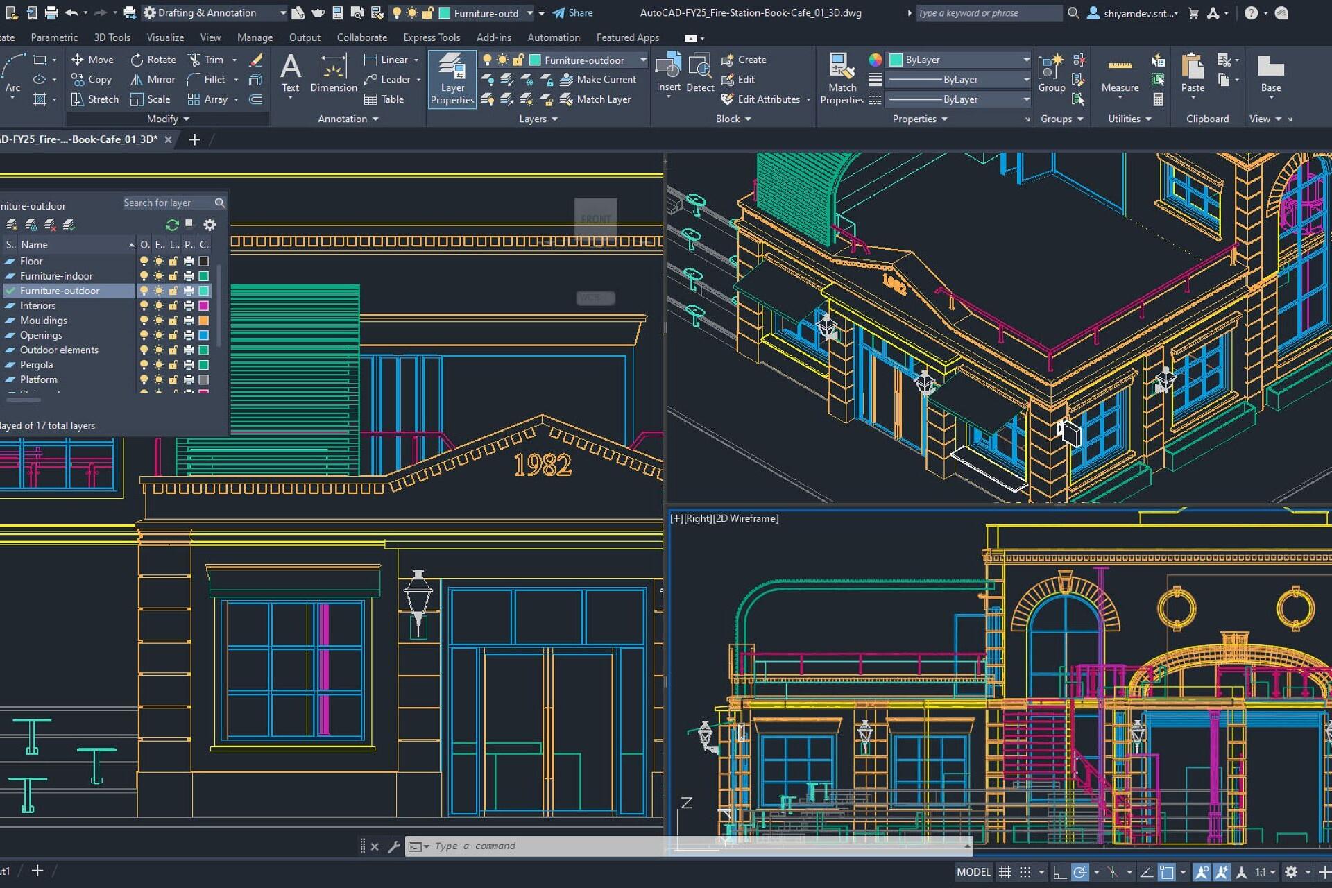 AutoCAD software interface showing multi-view technical drawing of a building with layers panel and drafting tools visible.