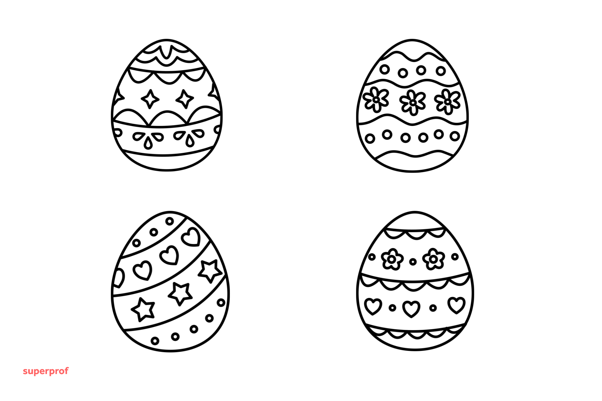 easter colouring page with 4 easter egg drawings 