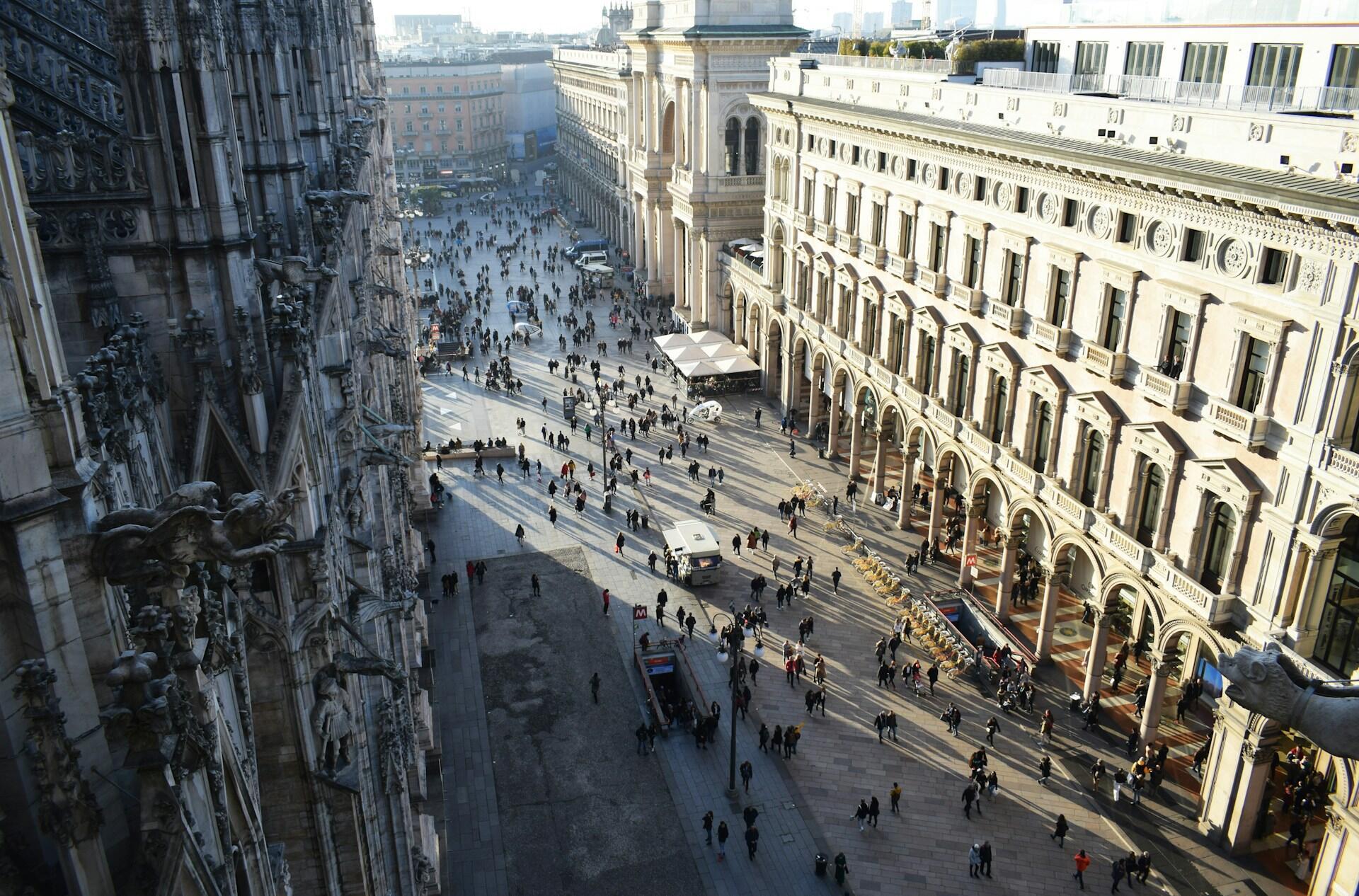 Panorama of Piazza Duomo and surrounding areas seen from the spires of the Duomo. 