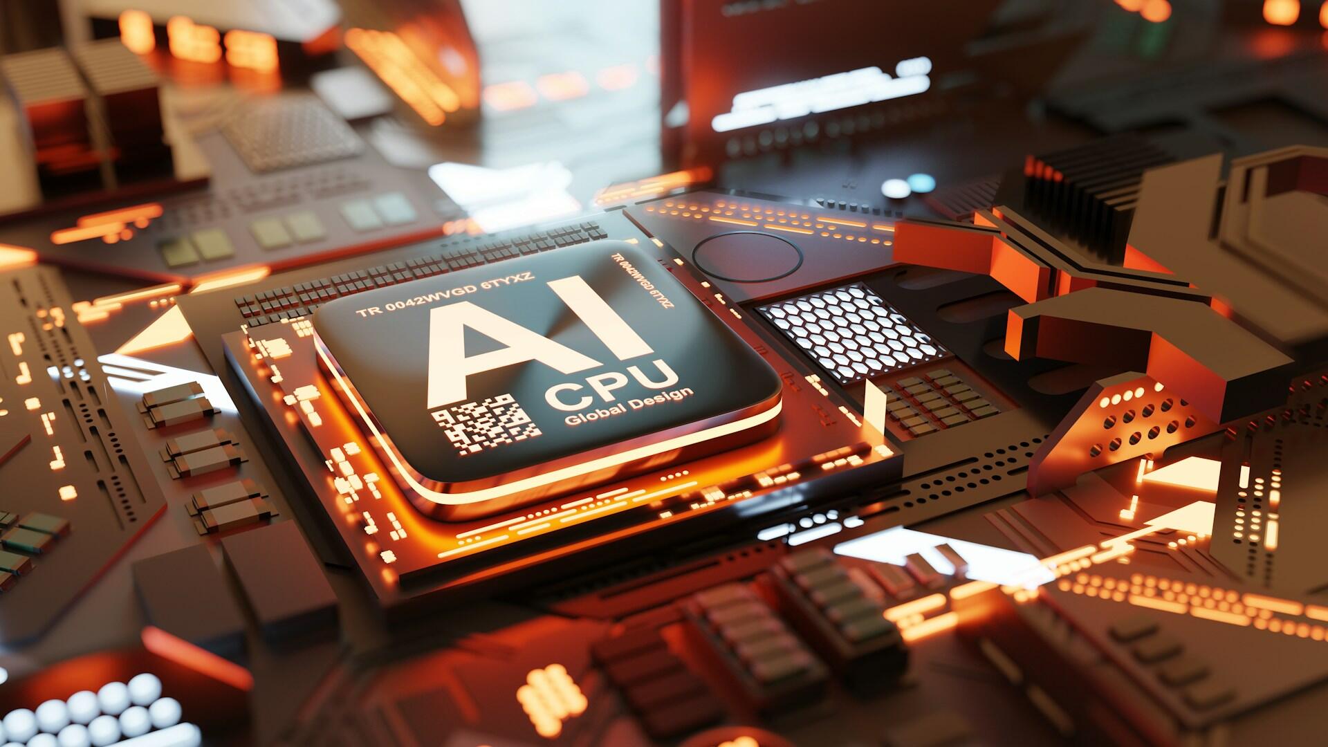 A computer chip featuring the letters AI set into an amber motherboard.