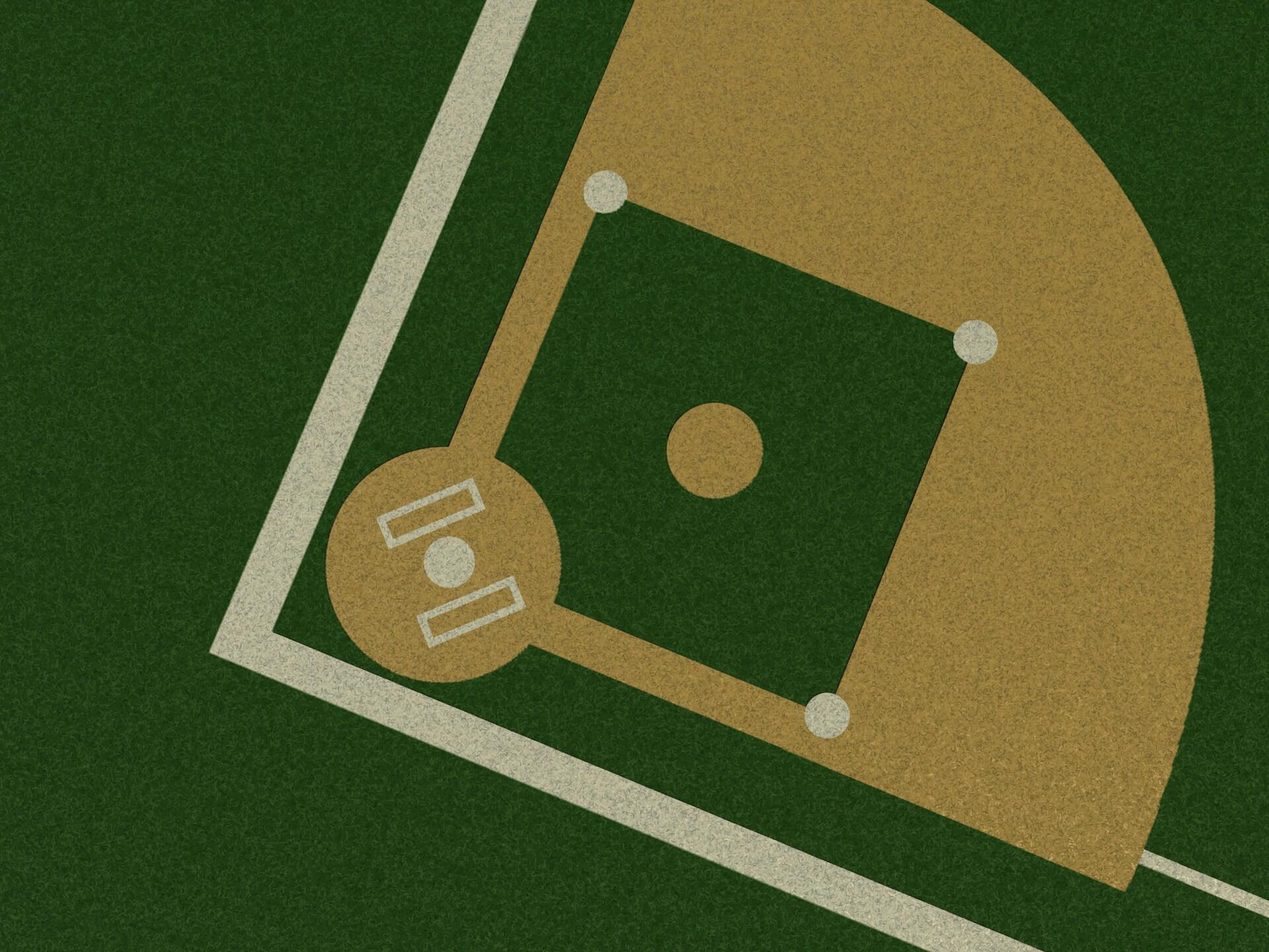 A baseball diamond with the bases marked with white circles.