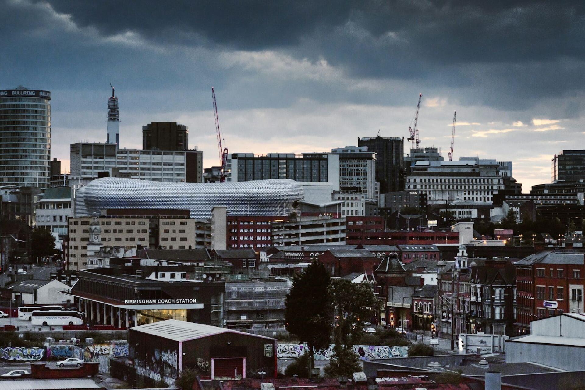 Skyline of Birmingham city centre with modern buildings and urban landscape.