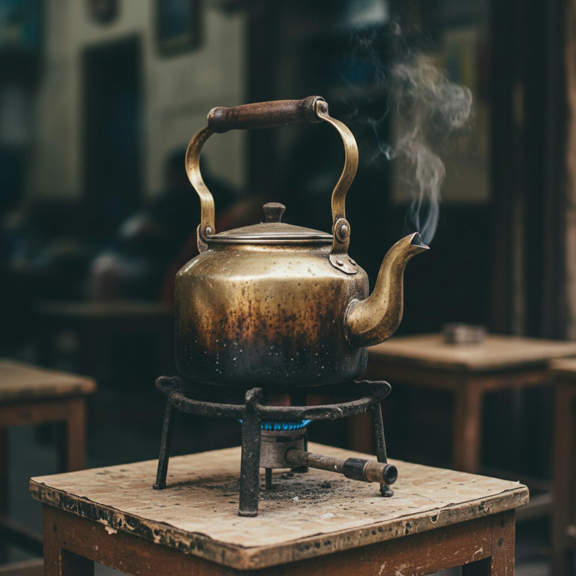 A metal kettle that is light-colored on top and dark the closer it is to the flame. 