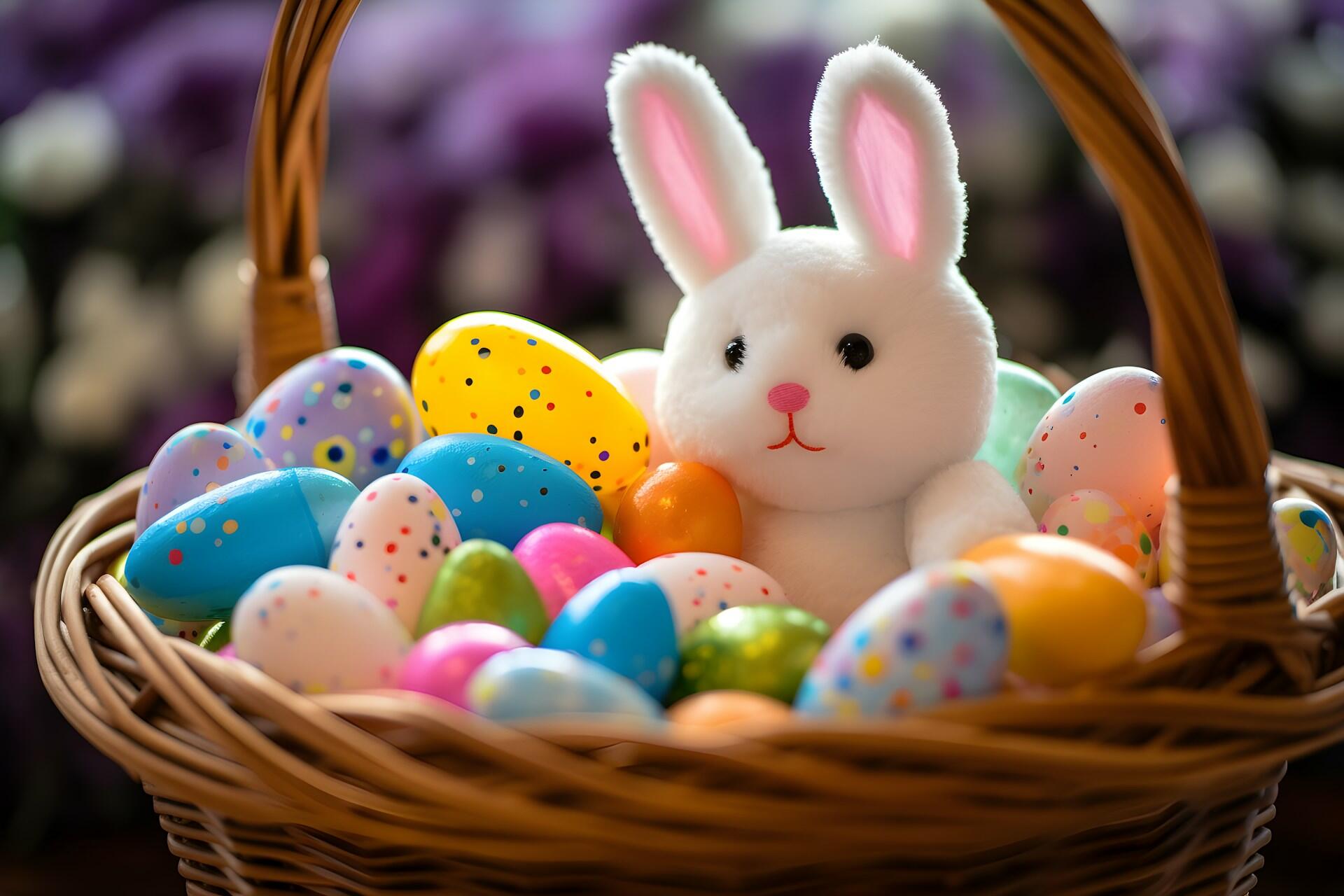 A plush white bunny sits amidst colorful Easter eggs in a woven basket, with a soft focus floral background.