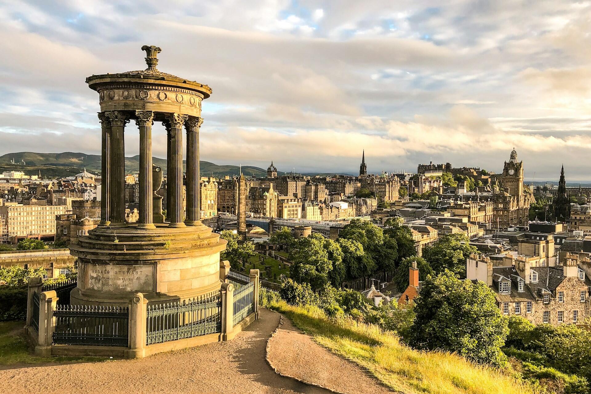 View of the Dugald Stewart Monument and Edinburgh skyline from Calton Hill