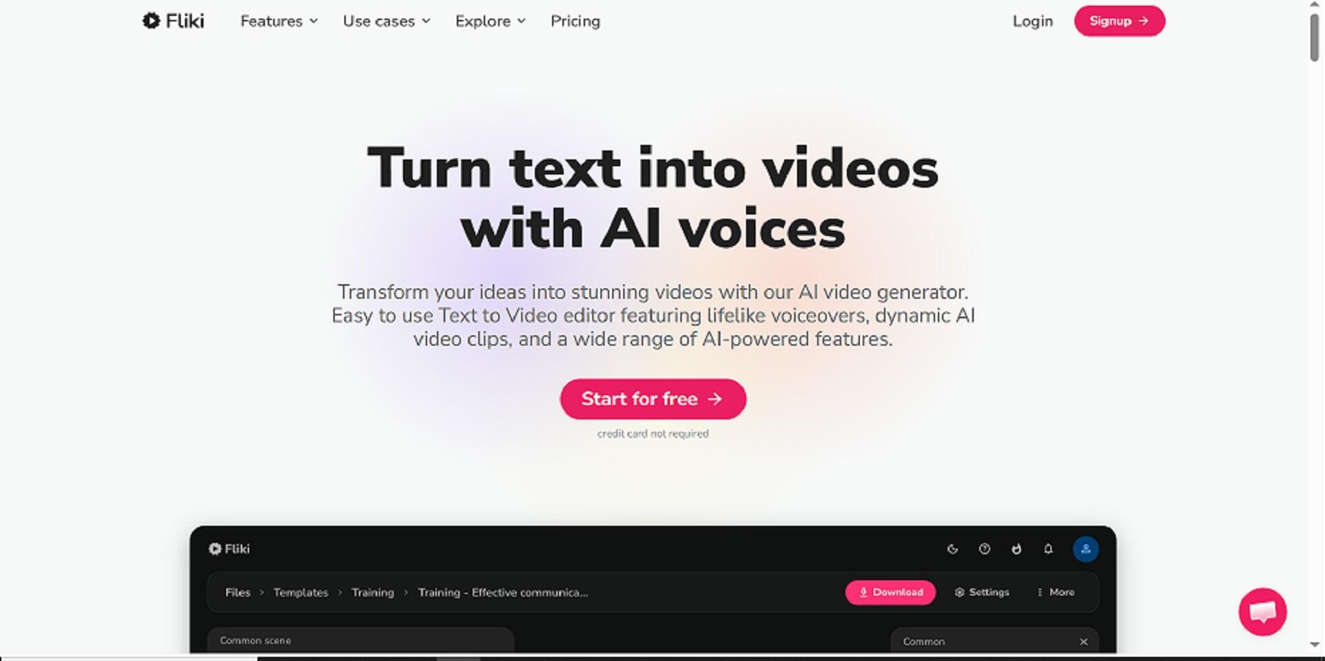 Webpage screenshot with headline 'Turn text into videos with AI voices' in bold text. A pink 'Start for free' button is centered below the text.