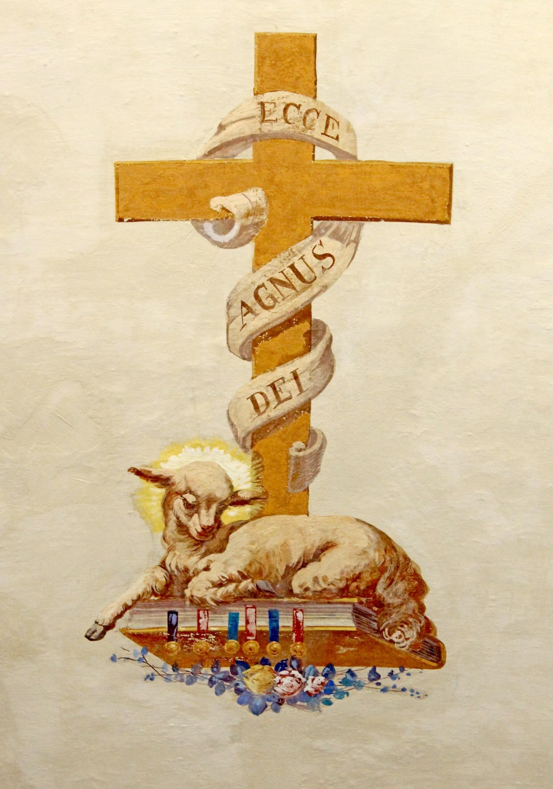 Painting depicting a cross with a lamb on a Bible sitting at the bottom. The Cross is wrapped in a scroll that reads "ecce agnus dei."