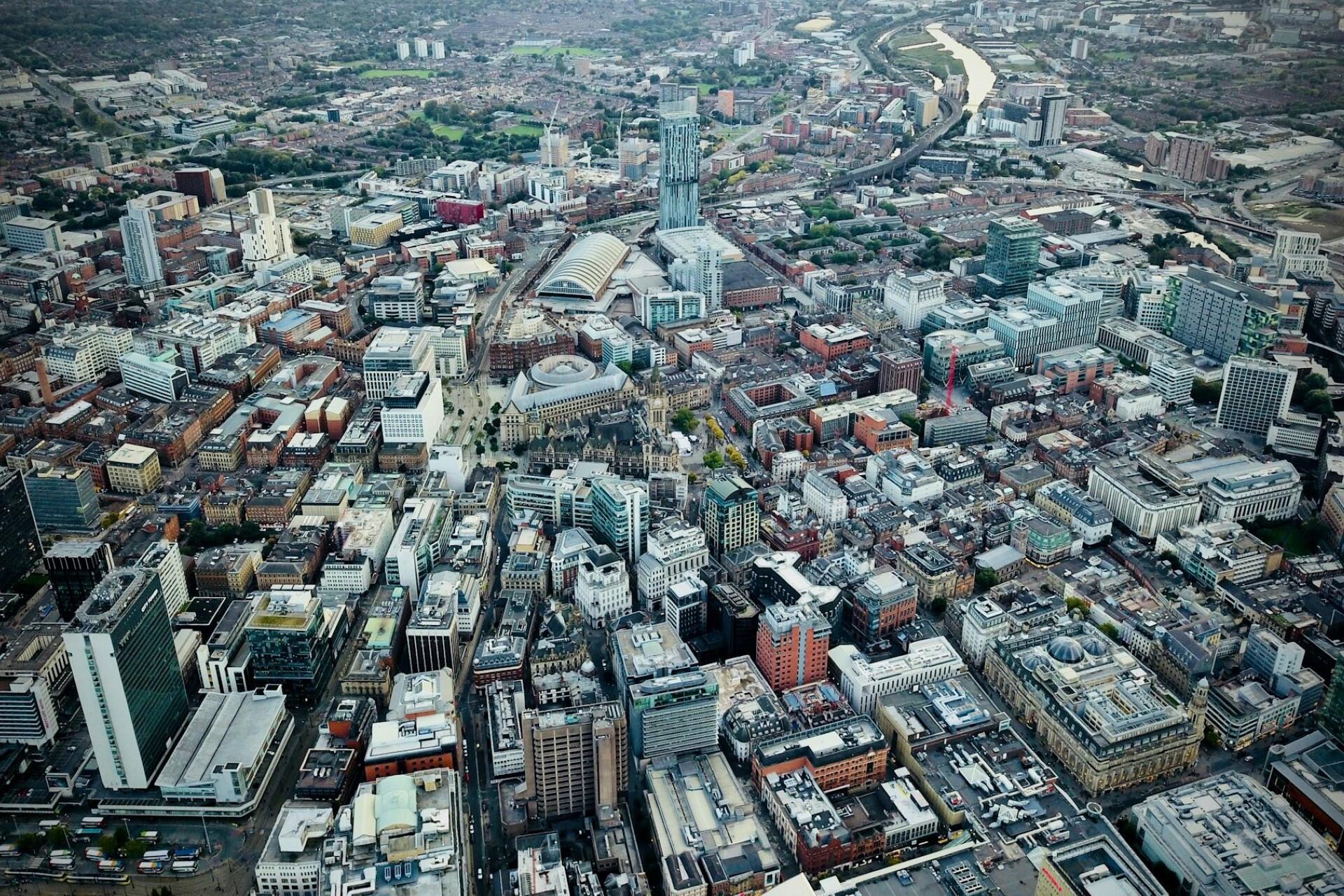 aerial view of manchester city centre skyline and urban landscape