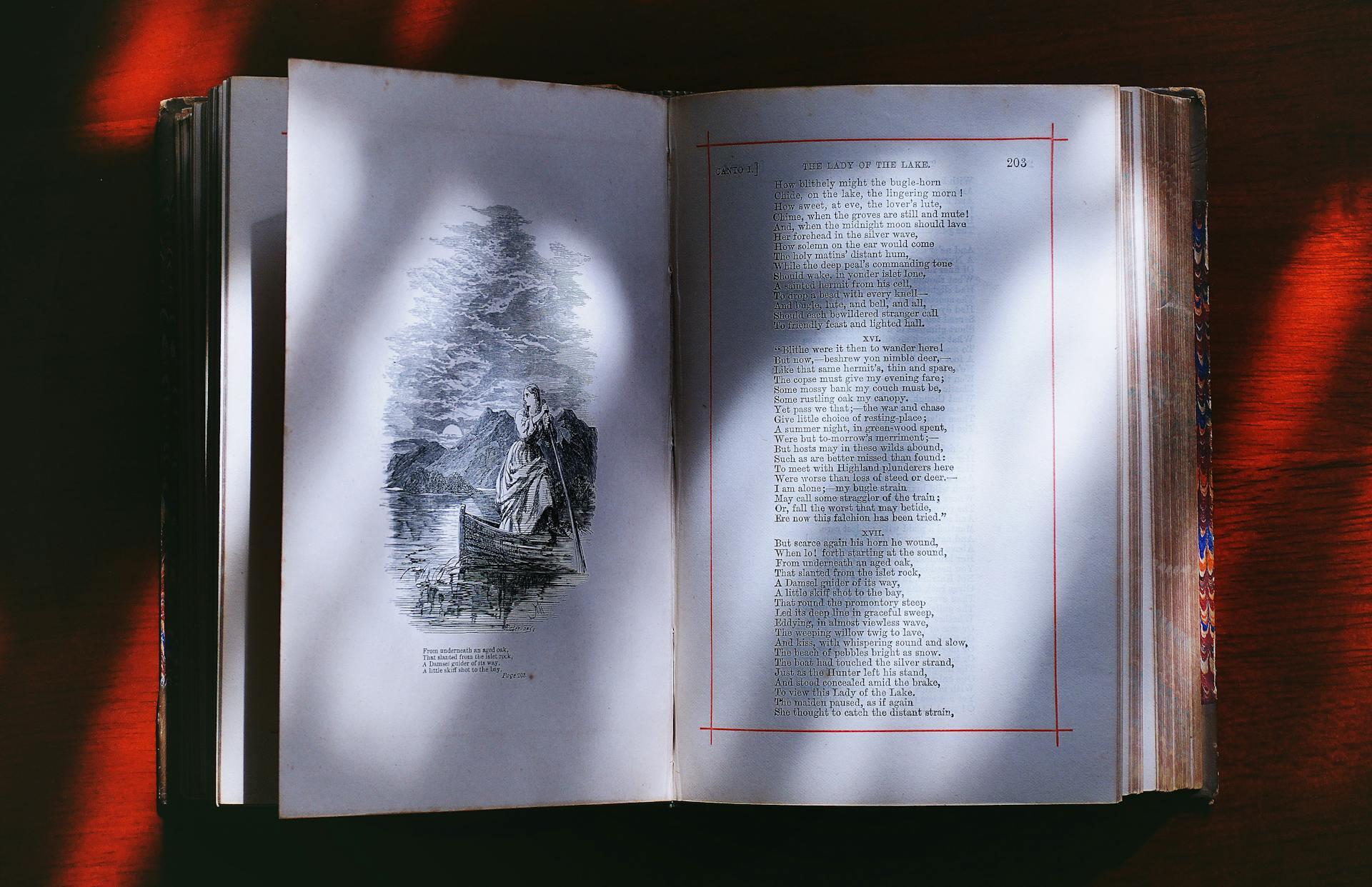 A book with an illustration lying open