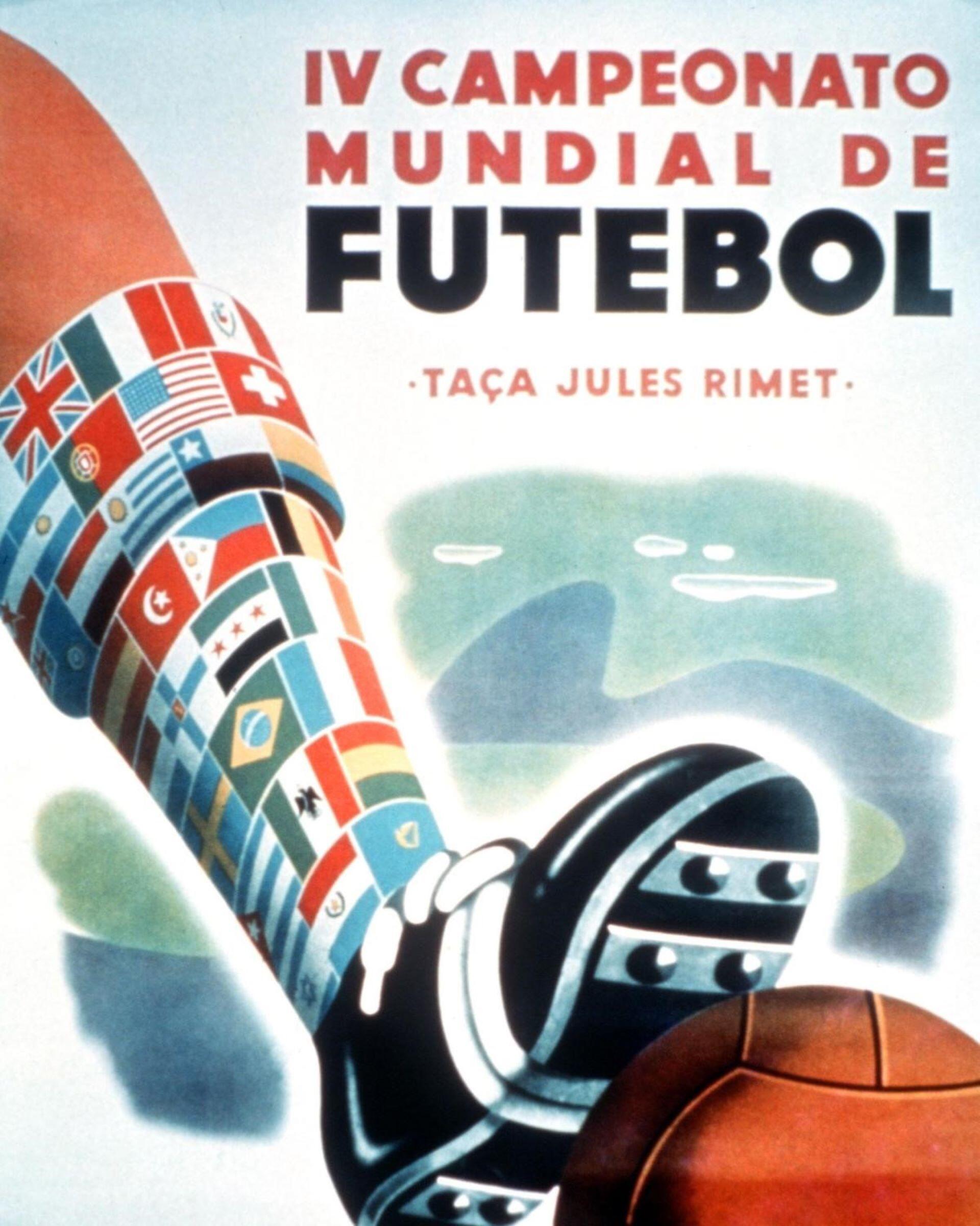 Official poster promoting the 1950 FIFA World Cup in Brazil featuring the Jules Rimet Trophy and international flags