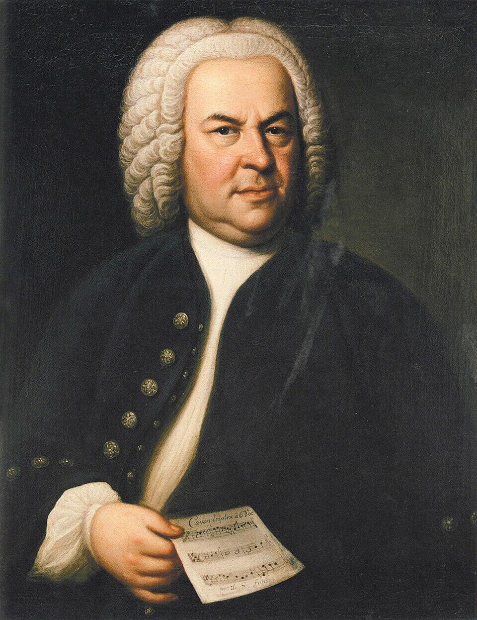 Portrait painting of a person in 18th-century attire holding a sheet of musical notes against a dark background.