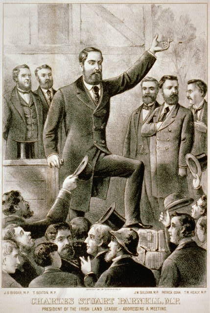 Old drawing of Charles S. Parnell gesturing to a crowd of onlookers