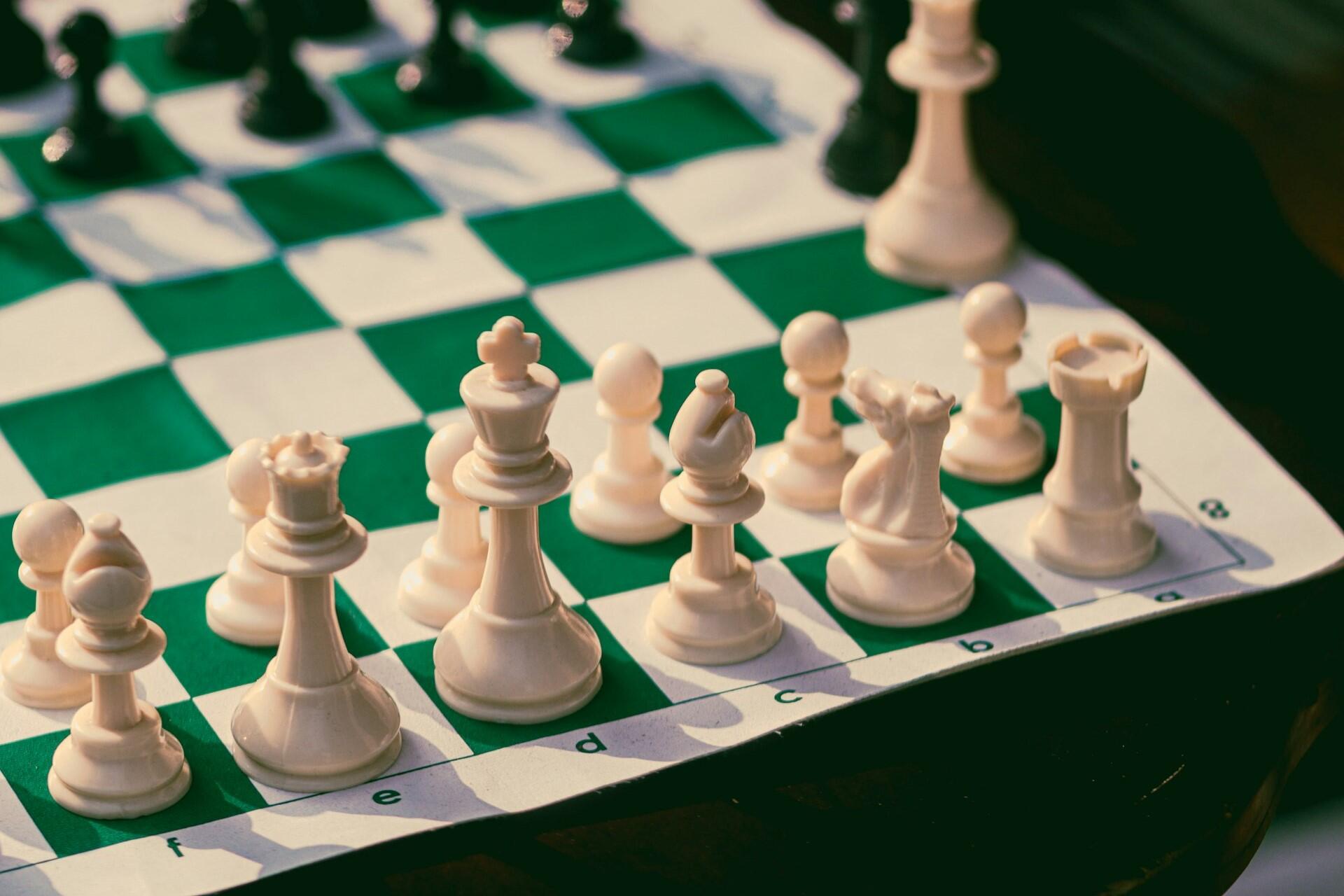 Close-up of white chess pieces lined up on a chessboard with pawns, bishop, knight, rook, queen, and king visible.