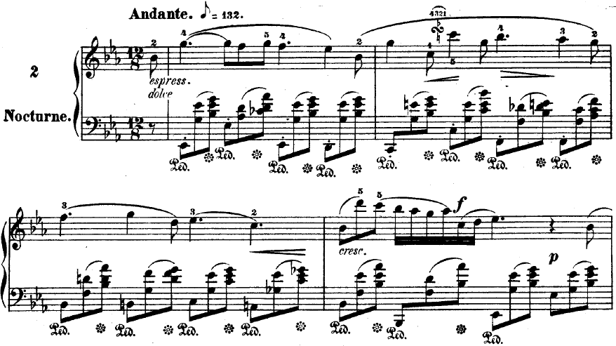 Black and white musical score excerpt labeled "Nocturne" in the key of B-flat major, showing piano notation with dynamics like espress. dolce and cresc., and tempo marked Andante