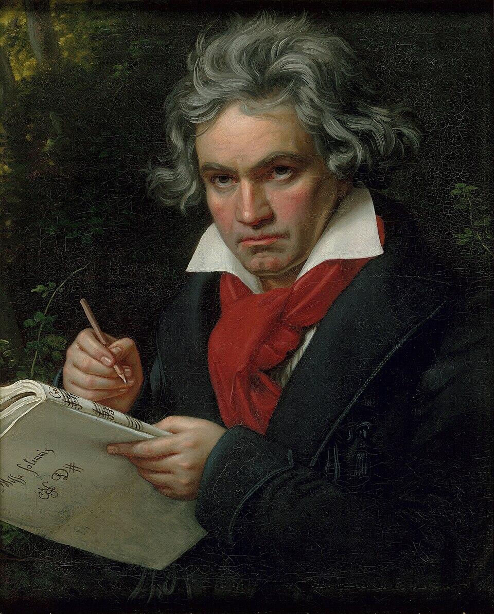 Portrait of a man with gray hair in 18th-century attire writing music notes on a sheet, set against a dark, leafy background.