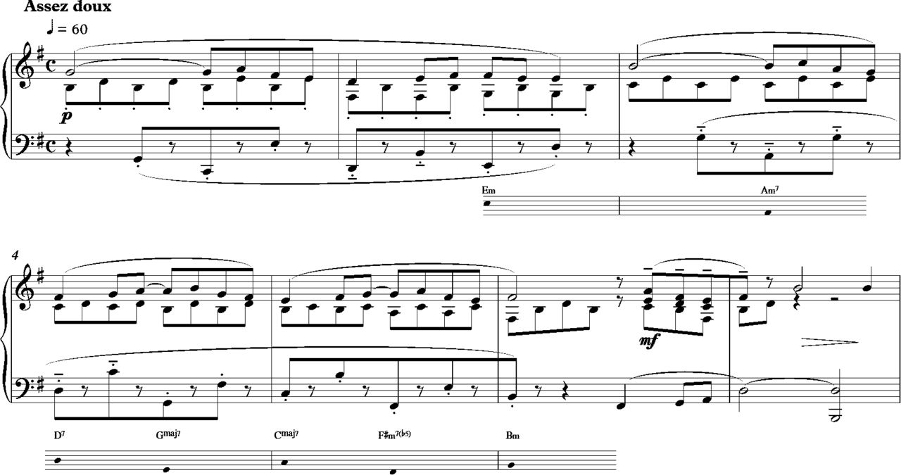 Sheet music excerpt for piano featuring eight measures in common time, marked "Assez doux" (quite softly) with a tempo of quarter note equals 60, including chord markings like Em, Am7, D7, Gmaj7, Cmaj7, F#m7(b5), and Bm.