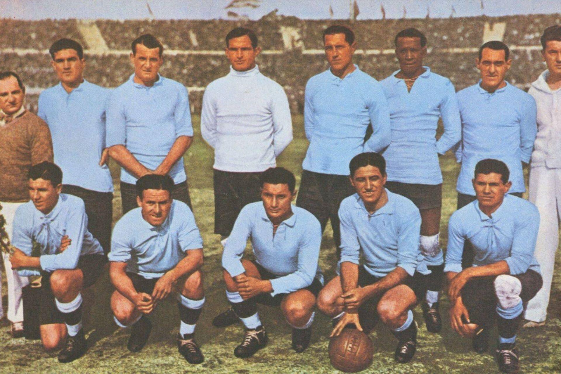 Uruguay national football team posing with the ball before the 1930 FIFA World Cup in Montevideo