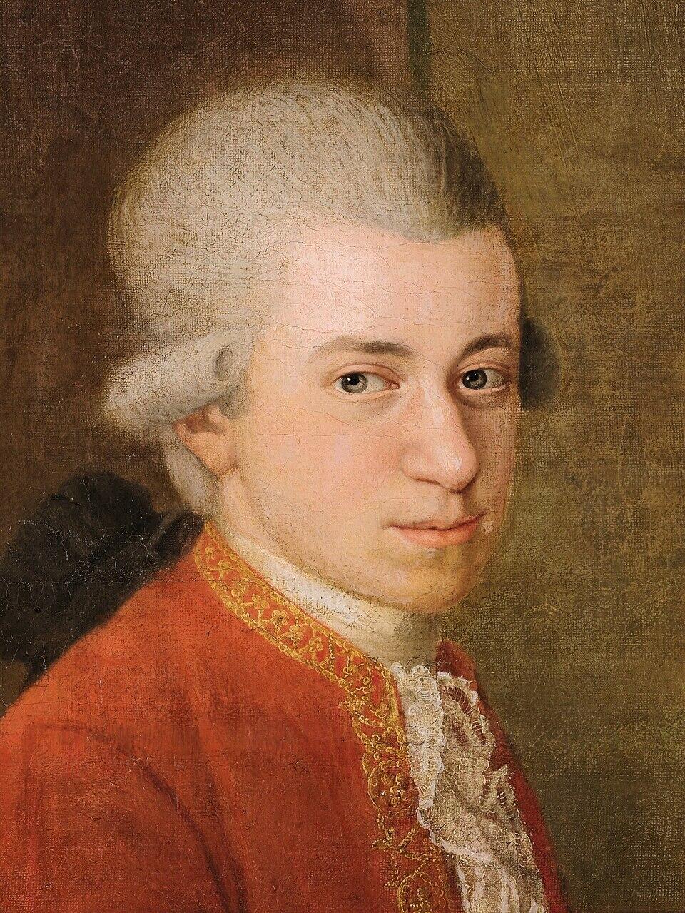 Portrait of a man in 18th-century clothing with a white powdered wig, red coat, and lace cravat against a plain brown background.