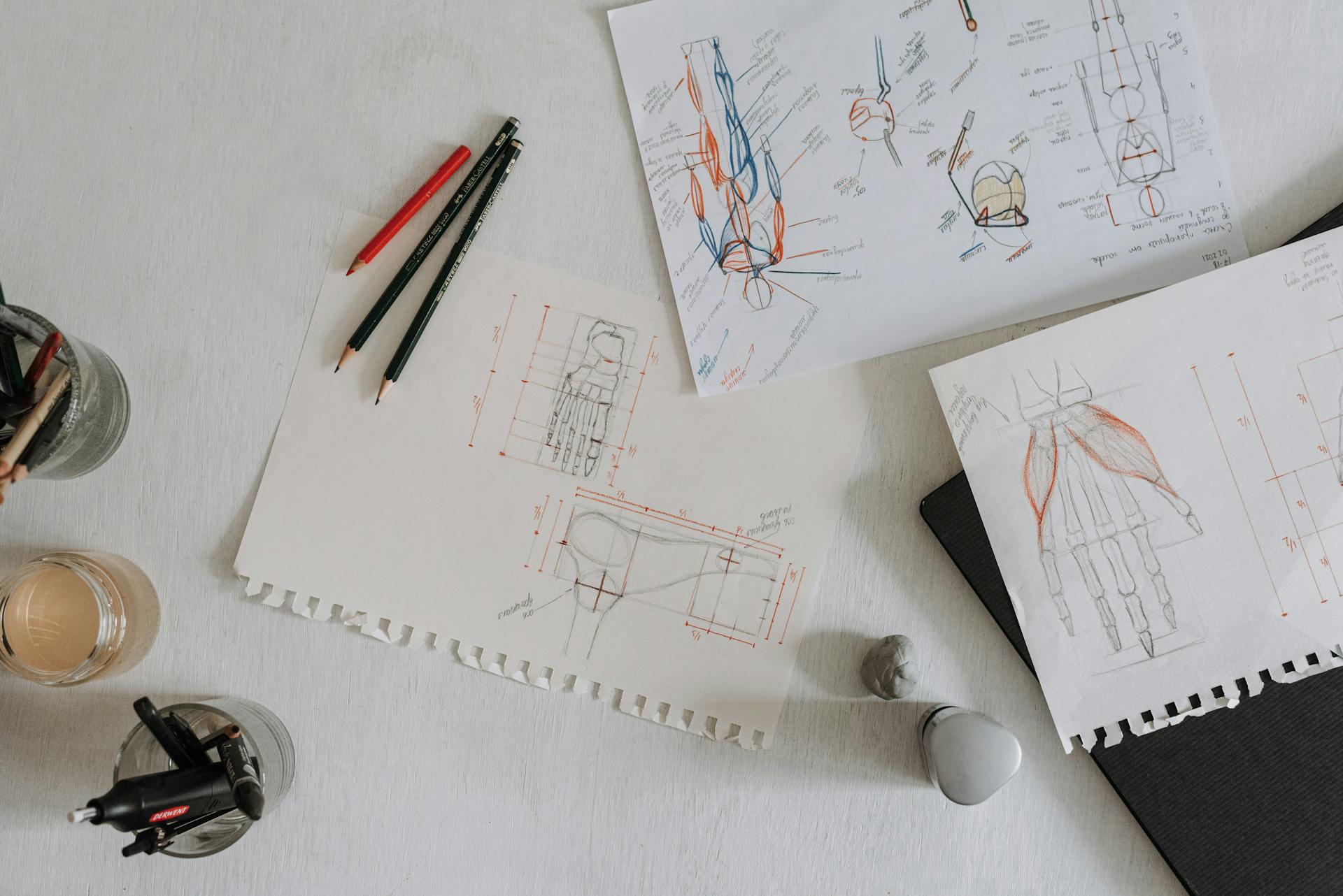 drawings on a desk
