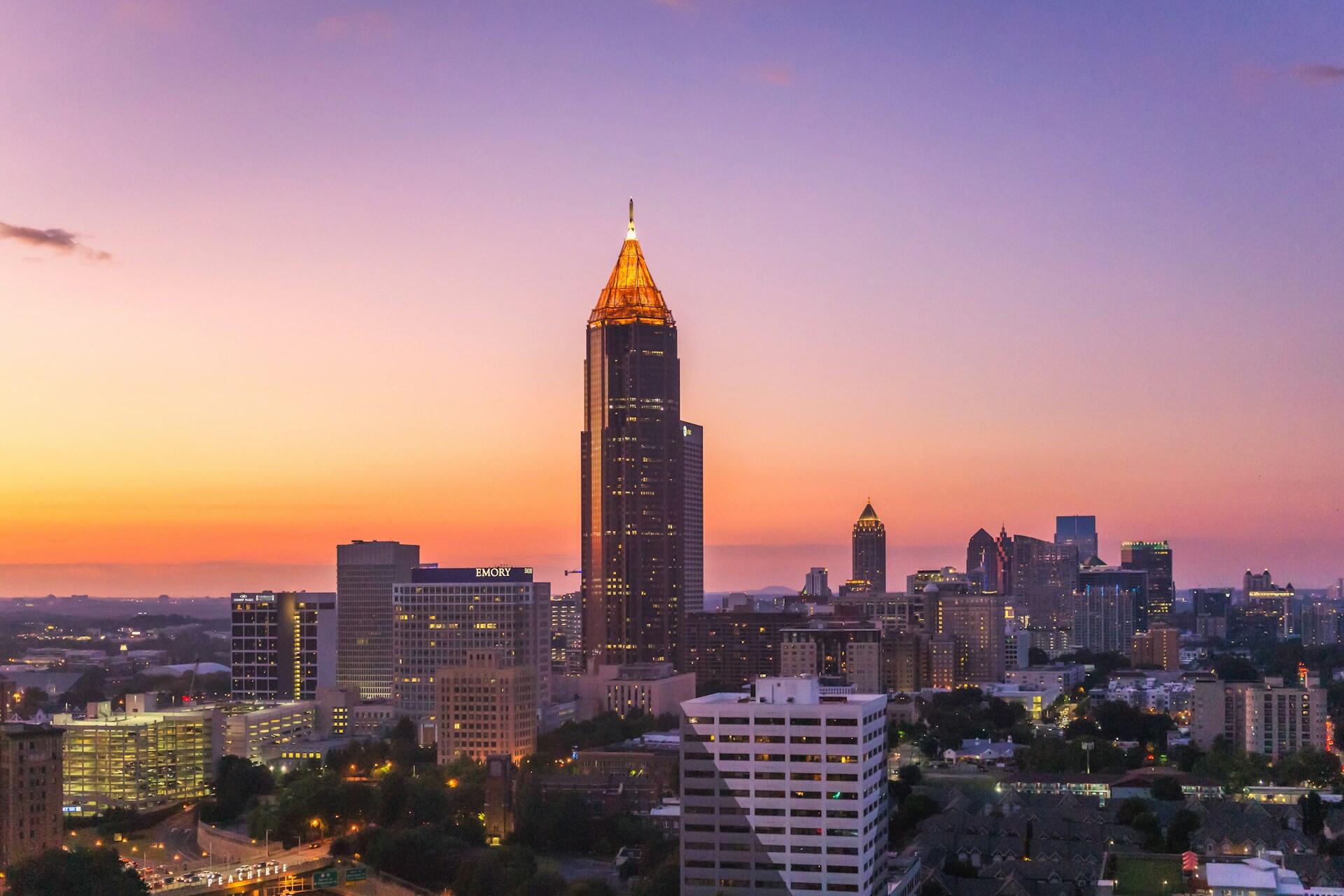 Atlanta skyline in the evening with a beautiful sunset