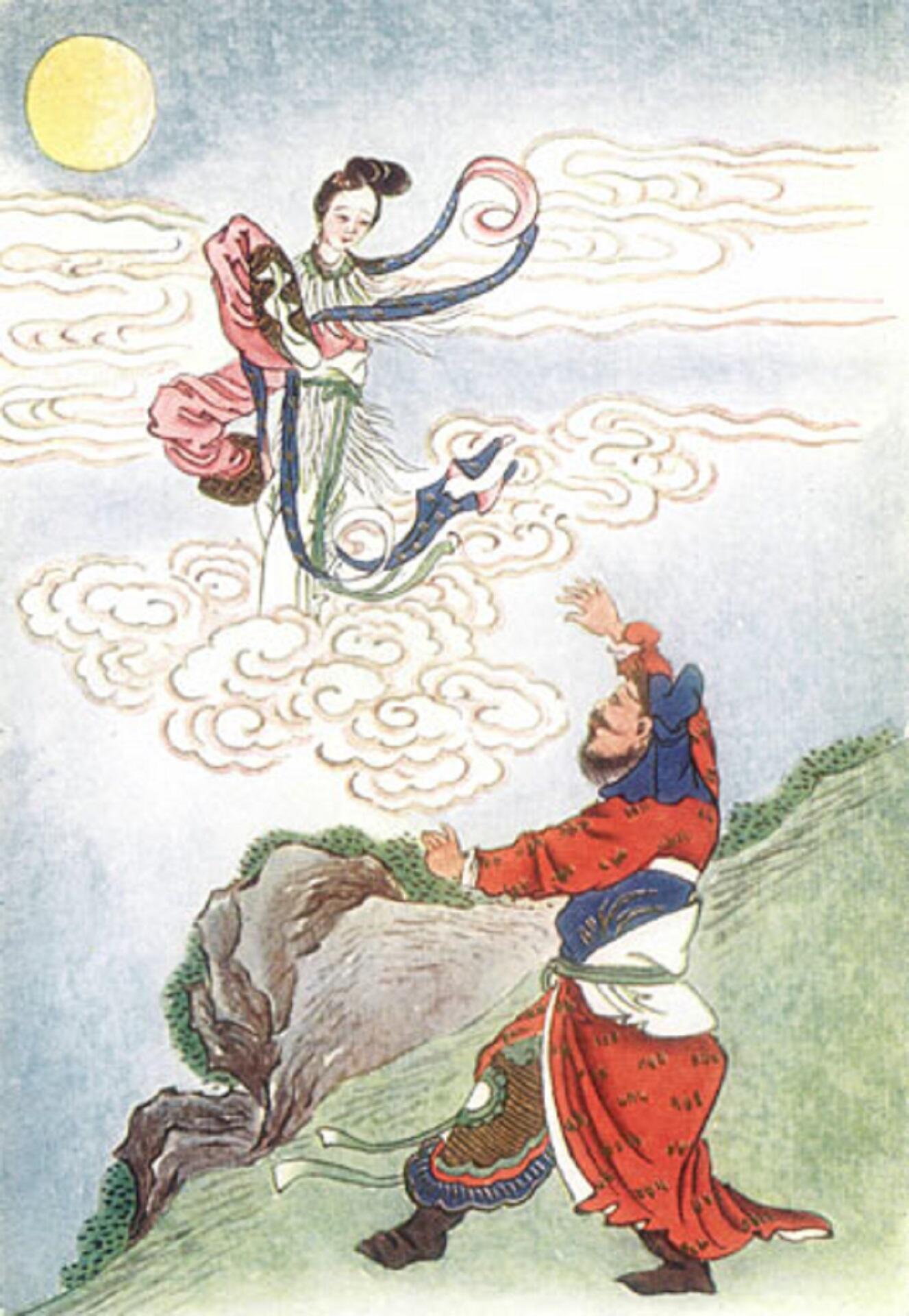 A man in traditional attire reaches towards a woman floating on clouds against a moonlit sky. 